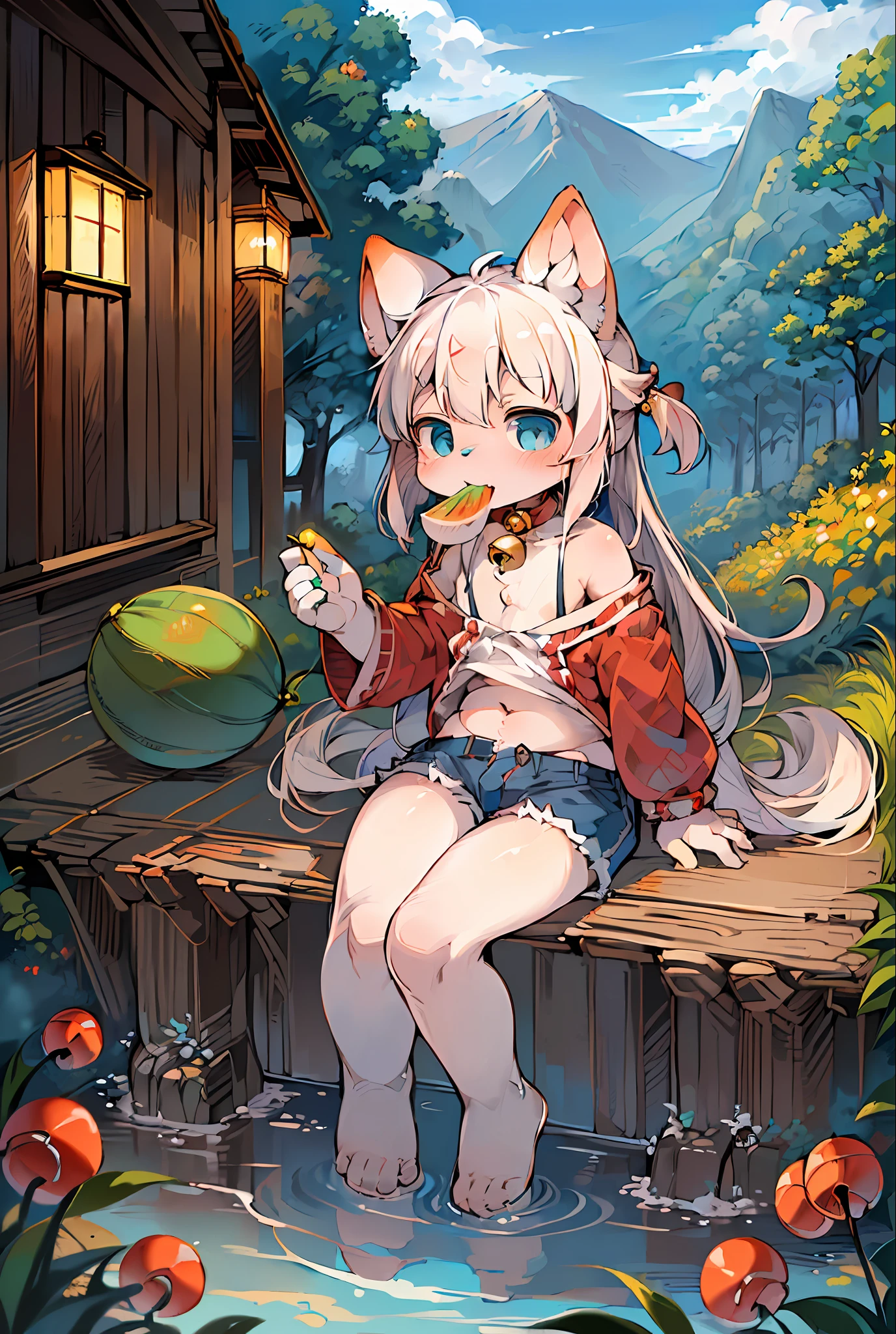 Masterpiece, high quality, absurd resolution, digital painting \ (artwork \), by dagasi, yupa, kiyosan, (fluffy fur, white fur, full body fur,). Blue eyes, white hair, shorts, bare feet, bright eyes, panorama, character focus. Detailed background, eating watermelon, (bells, pet collars, loose clothes: 1.2),