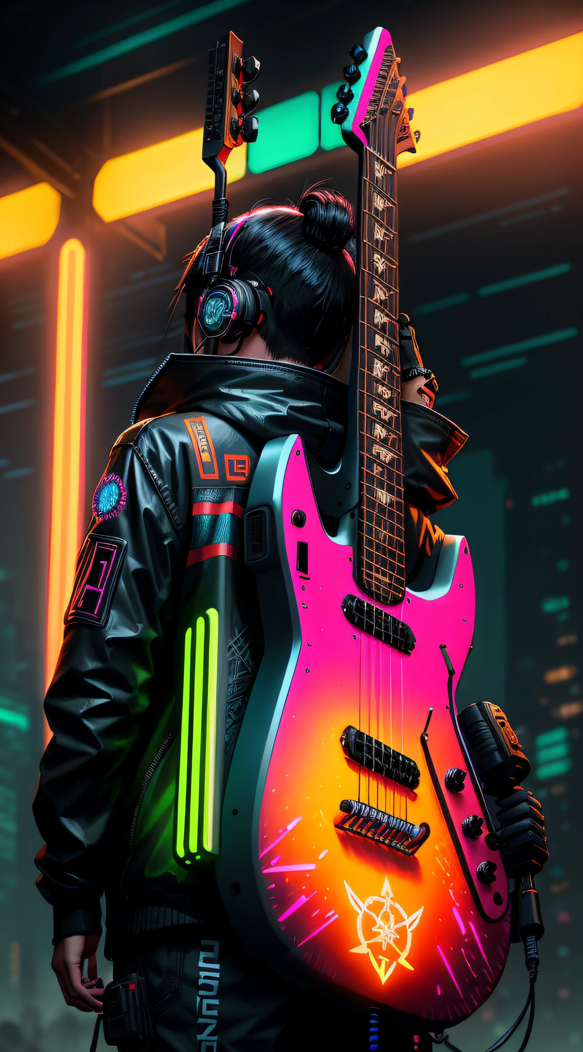 detailed portrait Neon guitar, cyberpunk futuristic neon, reflective, decorated with traditional Japanese ornaments by Ismail inceoglu dragan bibin hans thoma greg rutkowski Alexandros Pyromallis Nekro Rene Maritte Illustrated, fine details, realistic studio lighting,