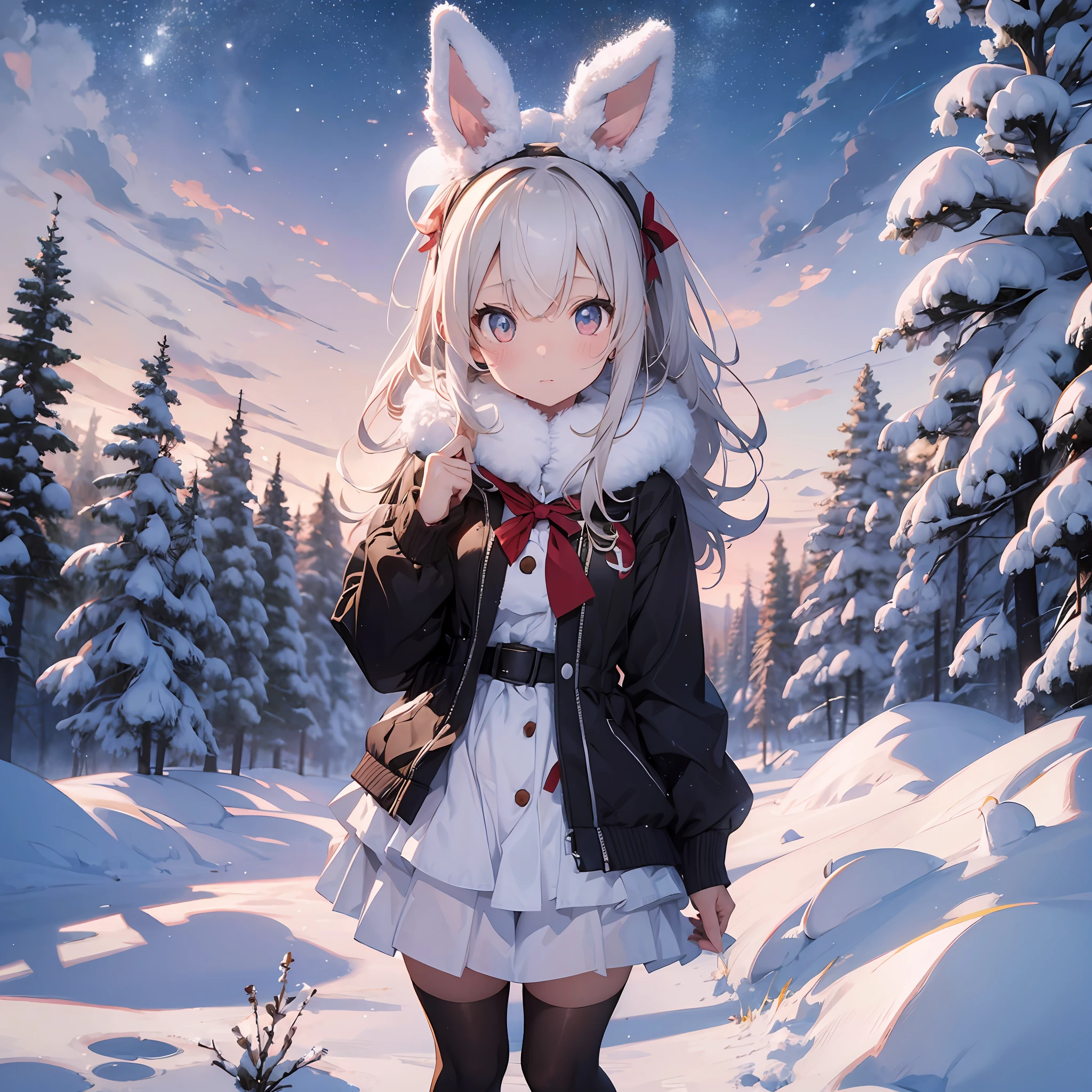 Rabbit-eared girl Being at the North Pole Snow background Chased by a white bear Surprised look