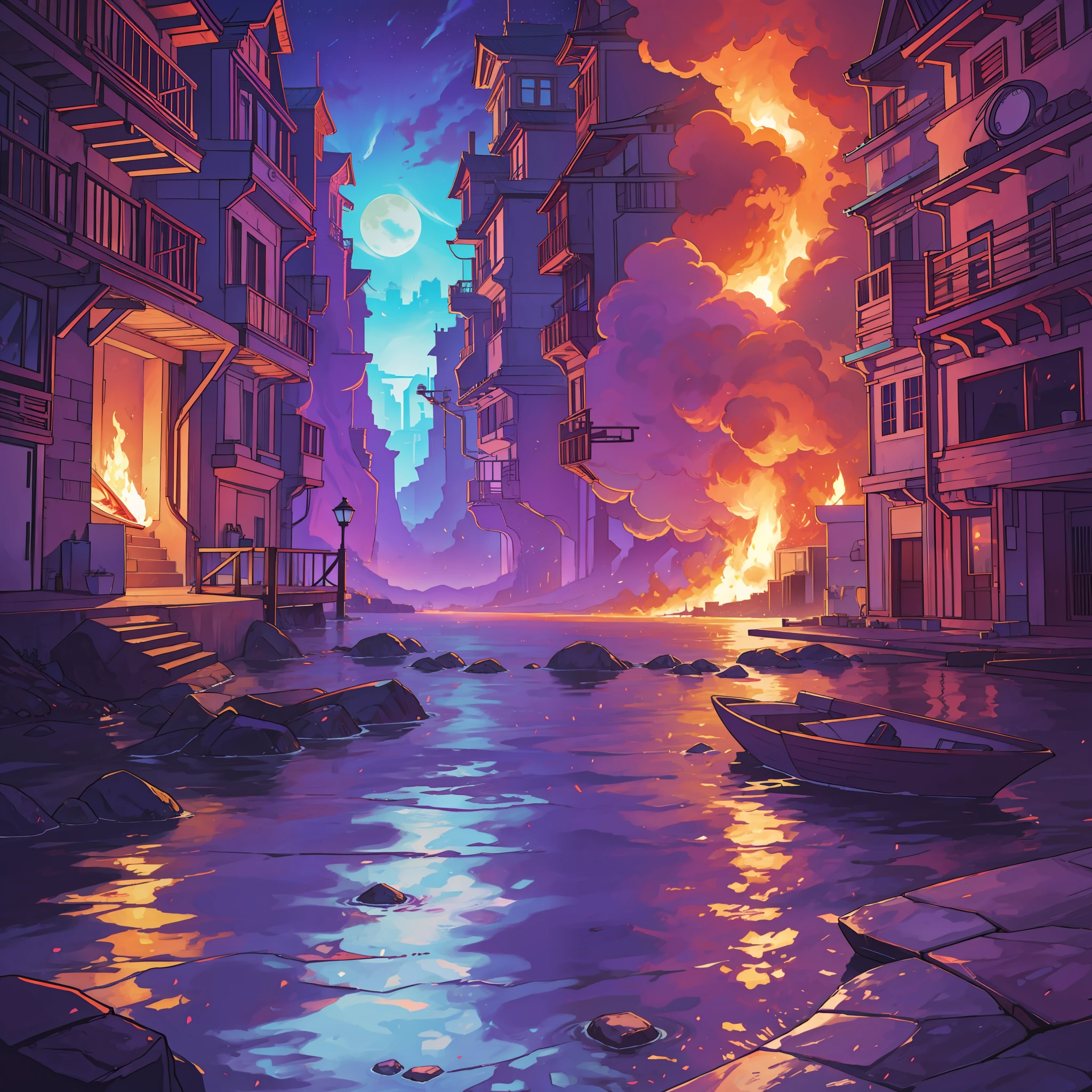 Draw half fire, half water looking at the viewer, purple lunar environment