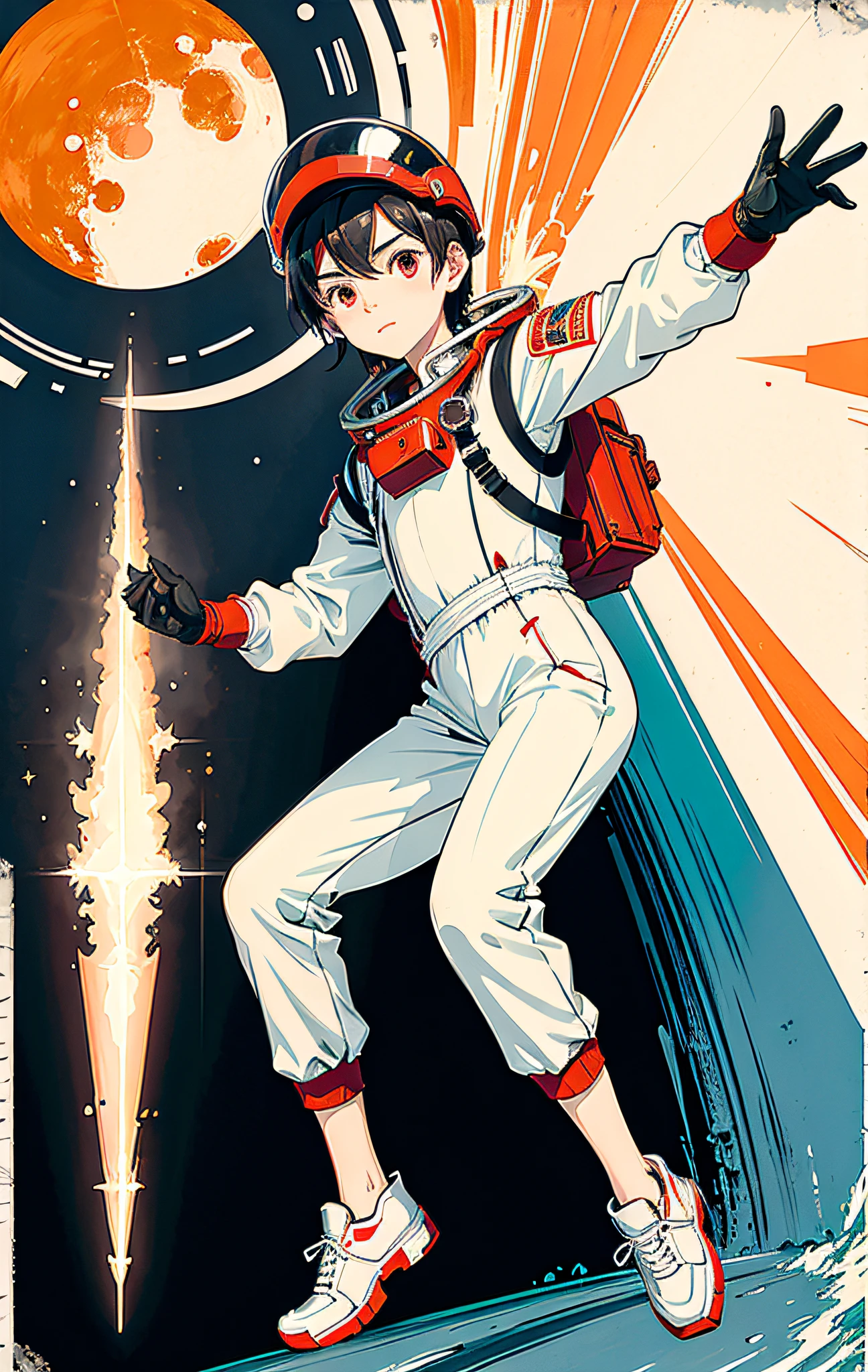 (1boy:1.1), cute, handsome and delicate eyes, shiny hair, CCCPposter, sovietposter, red monochrome, Soviet poster, Soviet Union, communism, brunette hair, red eyes, vampire, guy, spacesuit: Orange_clothing_body: jumpsuit), white_gloves, white_space shoes, white_helmet, CCCP red letter on the top of the helmet, weightlessness, Side light, reflection, person in spacesuit in the lower left of the picture, right hand outstretched, right hand gently touch Salyut space station), space station in the upper right corner of the screen, sun reflected light, silver metal, red flag, brilliance, Soviet style, diffuse reflection, metallic texture, the vista is blue earth, mecha style, star sea, high-profile, majestic