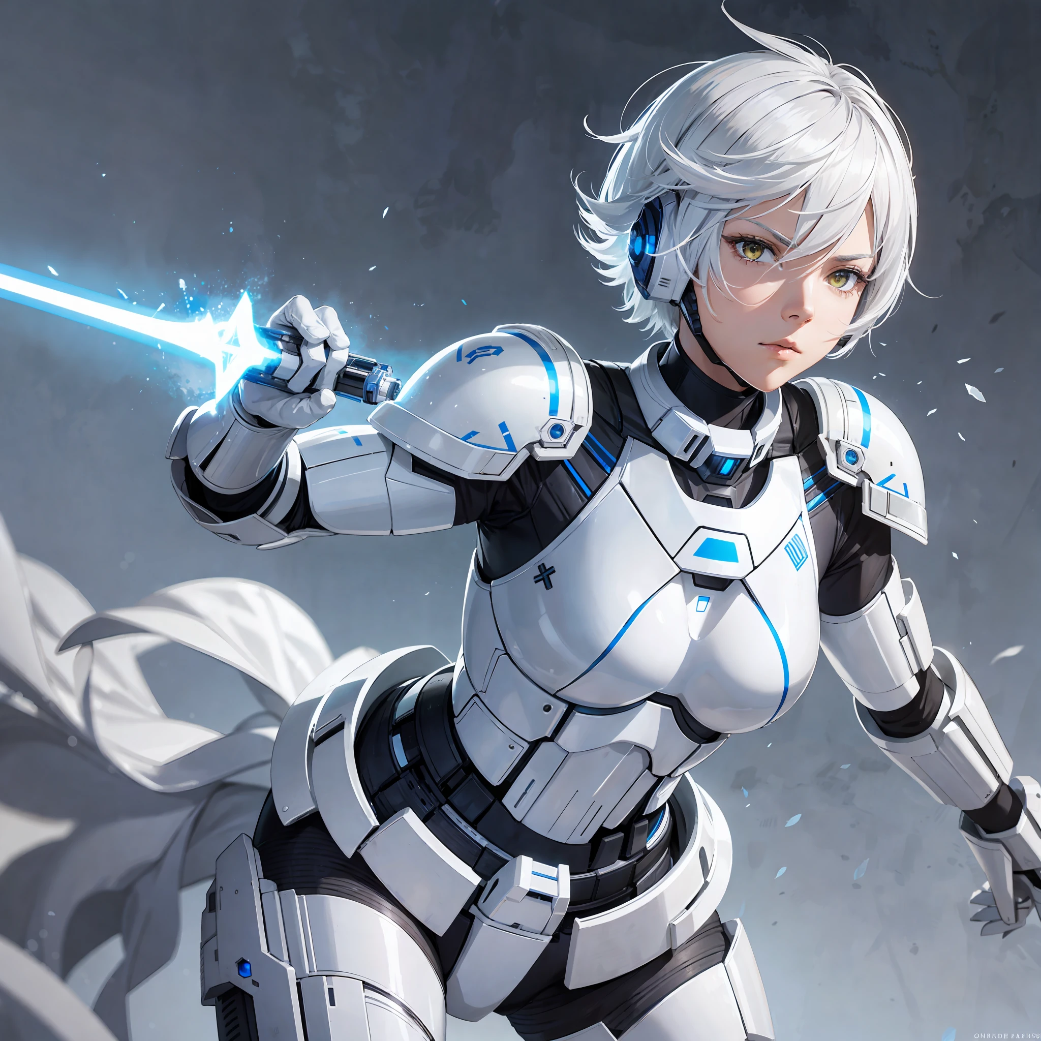 Blue lightsaber in hand, short hair, serious face, combat attire, white hair, yellow eyes, white armor, android, human appearance, adult woman, white metallic face mask --auto --s2