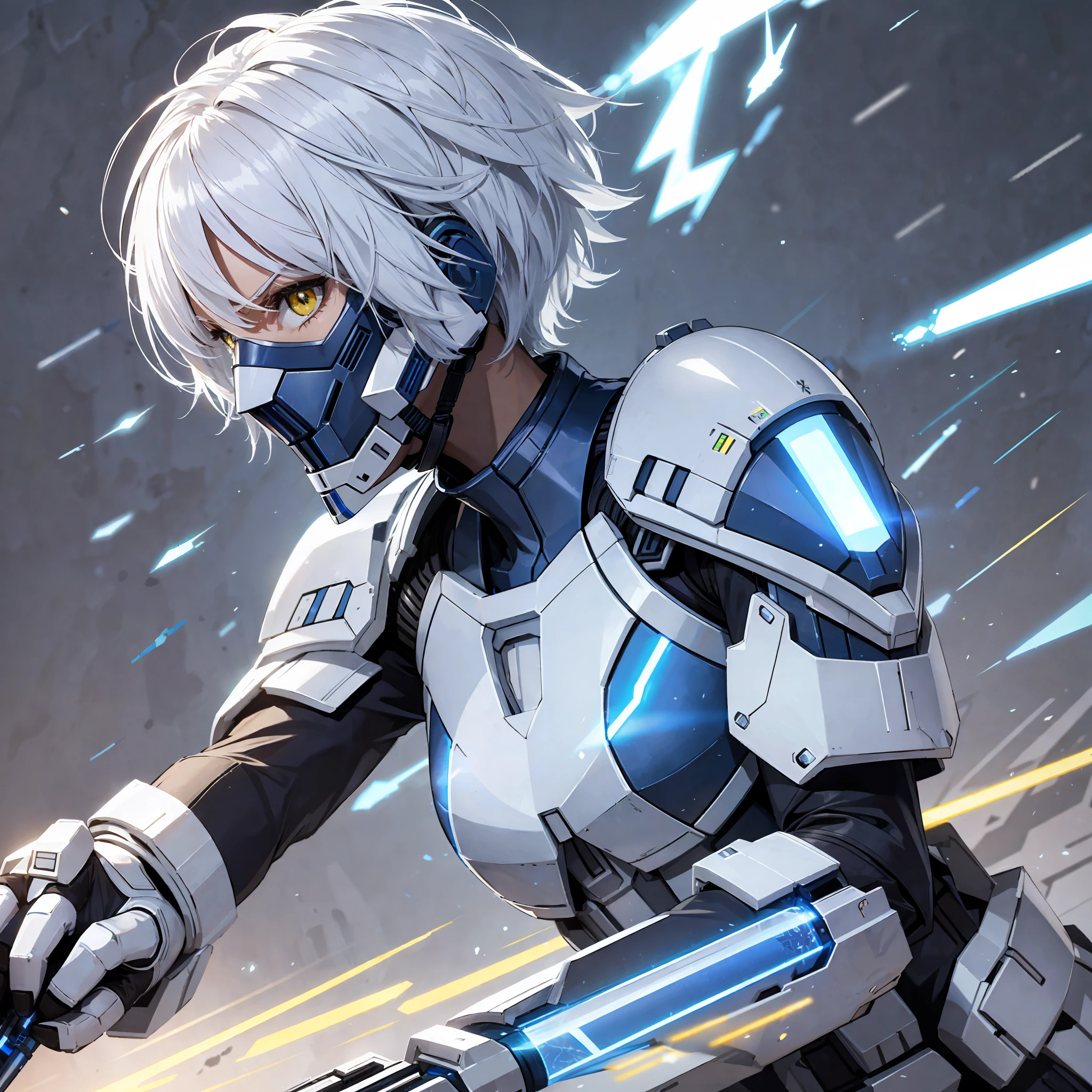 Blue lightsaber in hand, short hair, serious face, combat attire, white hair, yellow eyes, white armor, android, human appearance, adult woman, white metallic face mask --auto --s2