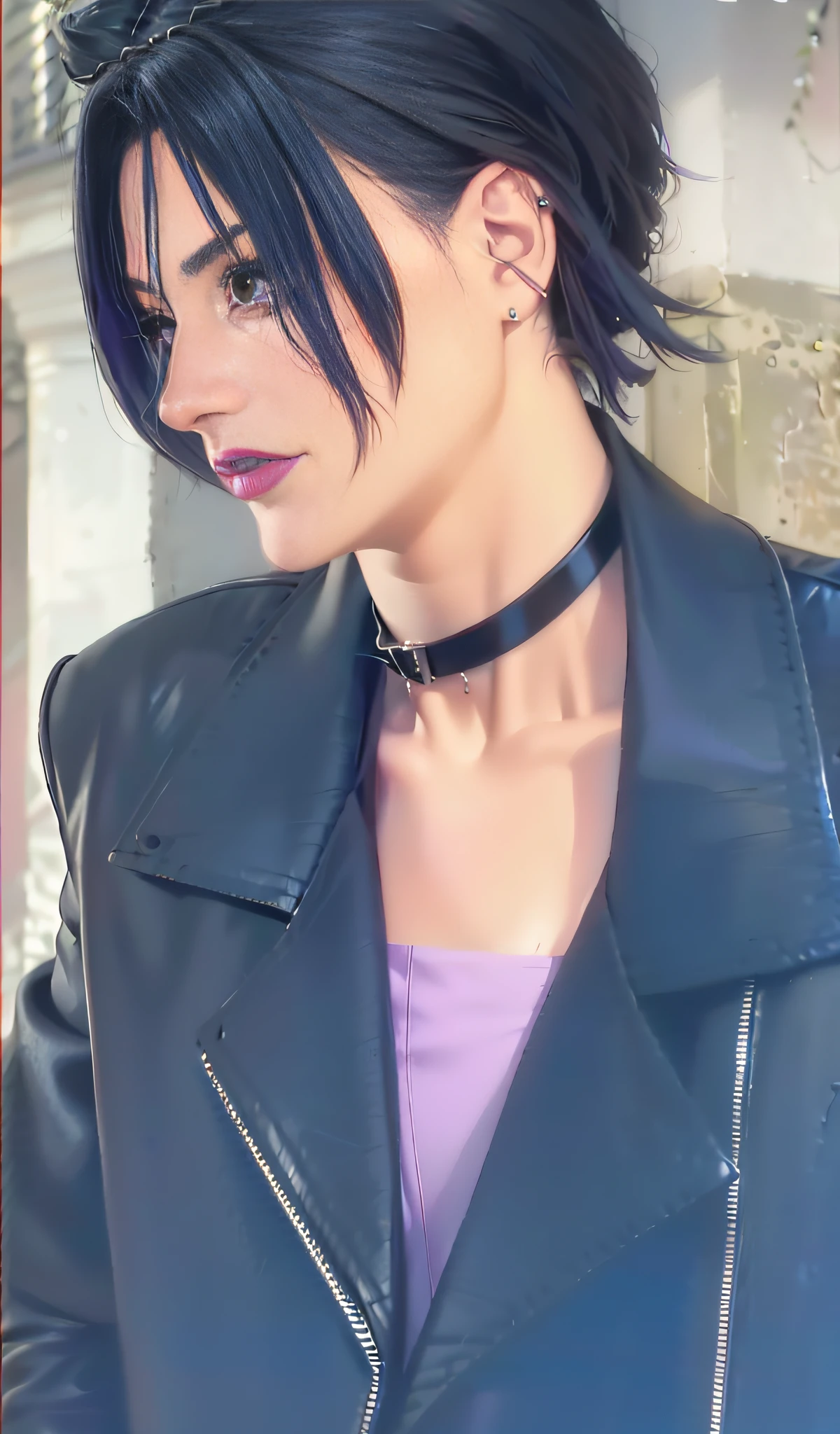 arafed woman with a black leather jacket and a purple top, wearing choker, wearing detailed leather collar, wearing black choker, choker on neck, style mix of æon flux, aeon flux style, choker around neck, beautiful androgynous prince, delicate androgynous prince, black leather choker, wearing collar, collar on neck, attractive neck, thick collar