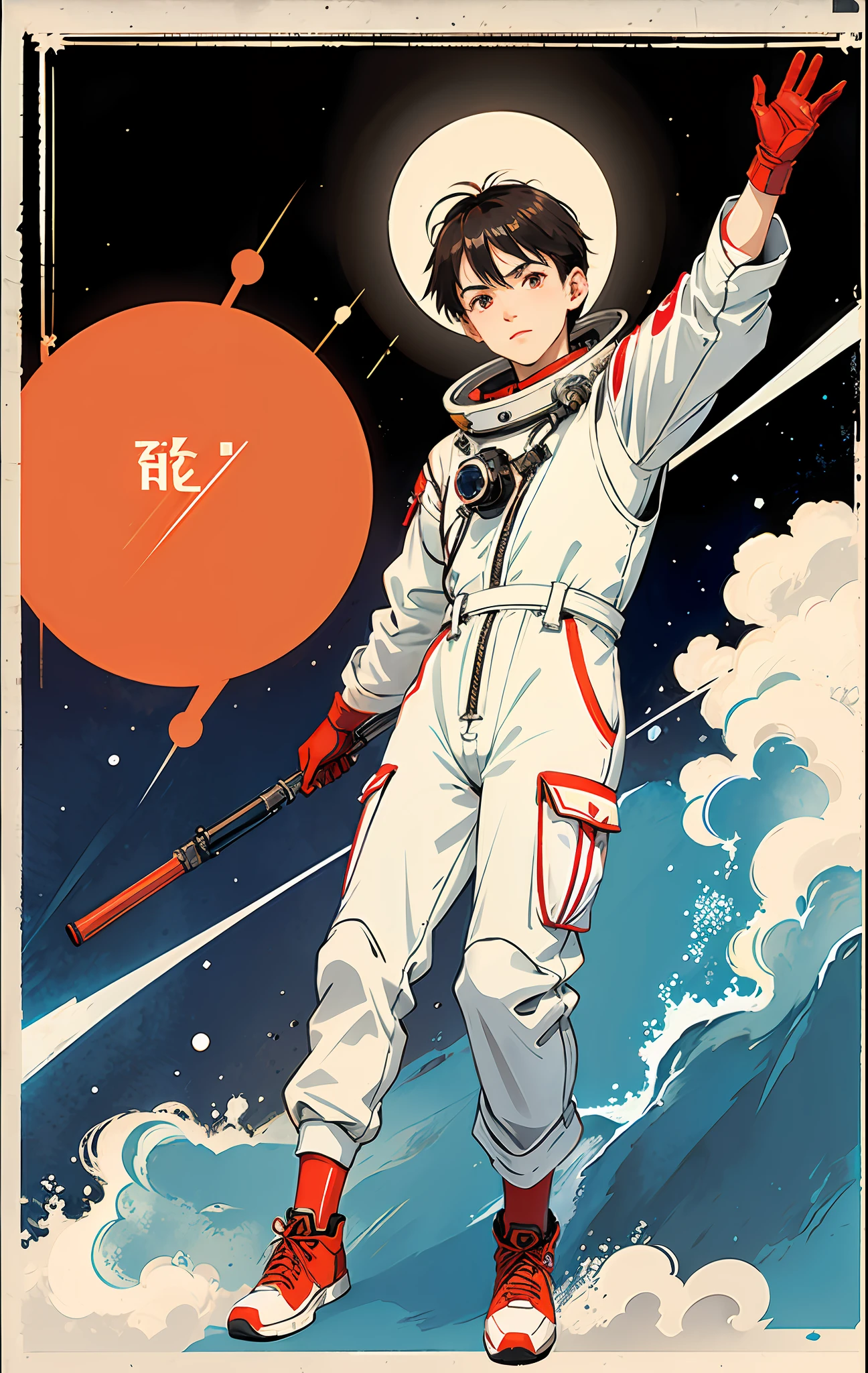 (1boy:1.1), cute, handsome and delicate eyes, shiny hair, CCCPposter, sovietposter, red monochrome, Soviet poster, Soviet Union, communism, brunette hair, red eyes, vampire, guy, spacesuit: Orange_clothing_body: jumpsuit), white_gloves, white_space shoes, white_helmet, CCCP red letter on the top of the helmet, weightlessness, Side light, reflection, person in spacesuit in the lower left of the picture, right hand outstretched, right hand gently touch Salyut space station), space station in the upper right corner of the screen, sun reflected light, silver metal, red flag, brilliance, Soviet style, diffuse reflection, metallic texture, the vista is blue earth, mecha style, star sea, high-profile, majestic