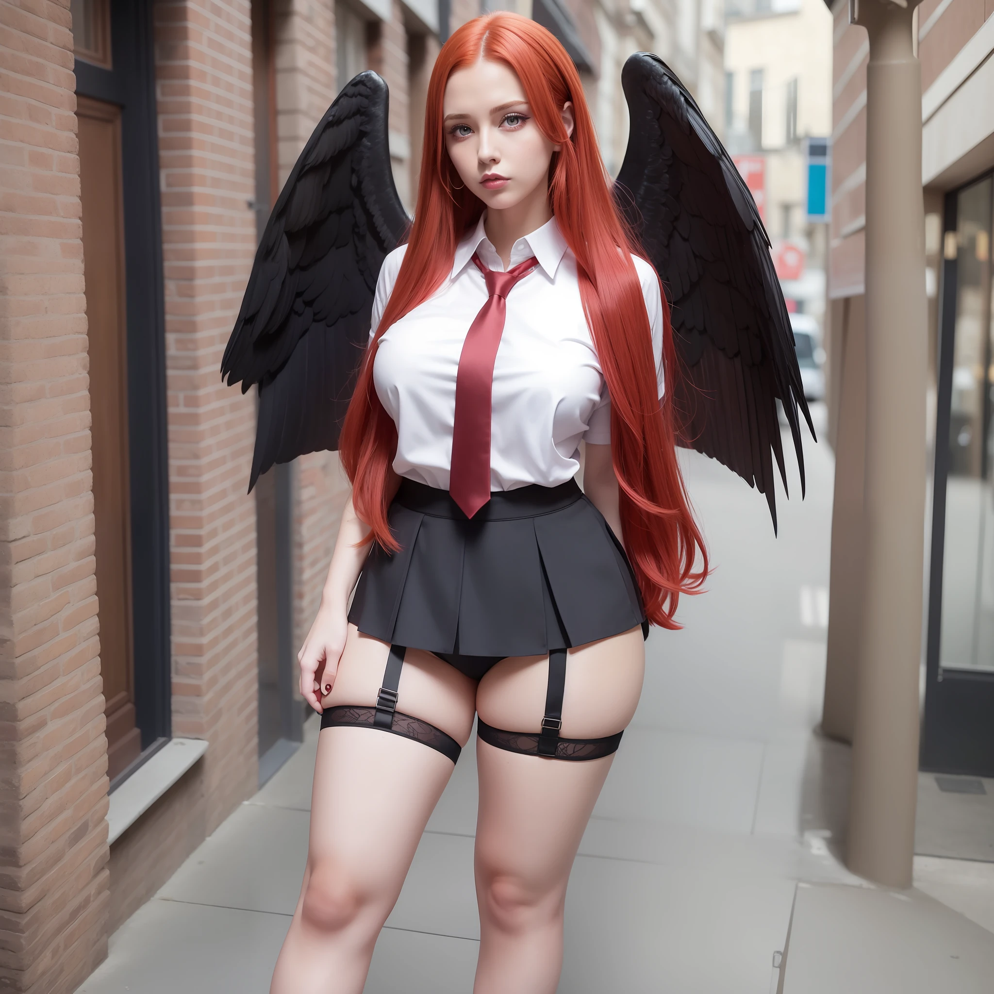 beautiful red-haired woman, wearing high school uniform, blouse with tie, mini skirt, long red hair, black angel wings on the back, heavy eye makeup, perfect face, perfect body, round breasts, big ass, thick thigh, high sock and all star sneakers, full body, detailed photo, masterpiece, serious look, red lipstick mouth, sign near the mouth on the left side, purple eyes, red makeup, arms crossed, raw photo