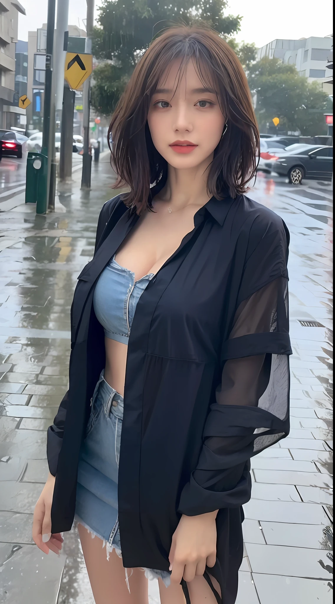 ((Best Quality, 8k, Masterpiece:1.3)), Focus:1.2, Perfect Body Beauty:1.4, Buttocks:1.2, (Layered Haircut, Breasts:1.2)), (Wet Clothes:1.1) , (Rain, Street:1.3), Bandeau Dress: 1.1, Highly Detailed Face and Skin Texture, Detailed Eyes, Double Eyelids, Whitened Skin, Long Blue Hair, Umbrella in the Rain
