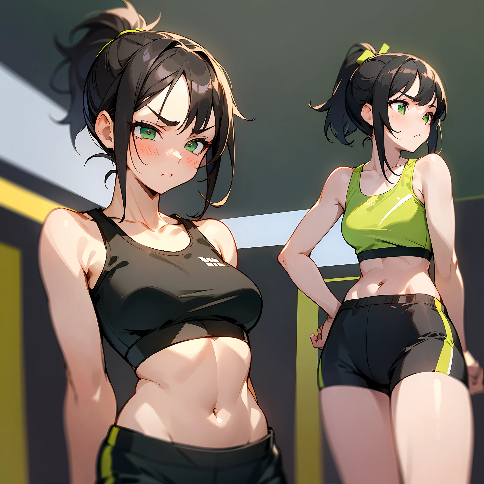 (Pure simplicity, sporty style, black background, single ponytail brunette girl, green eyes, sports bra, sports shorts, vista, tsundere expression)