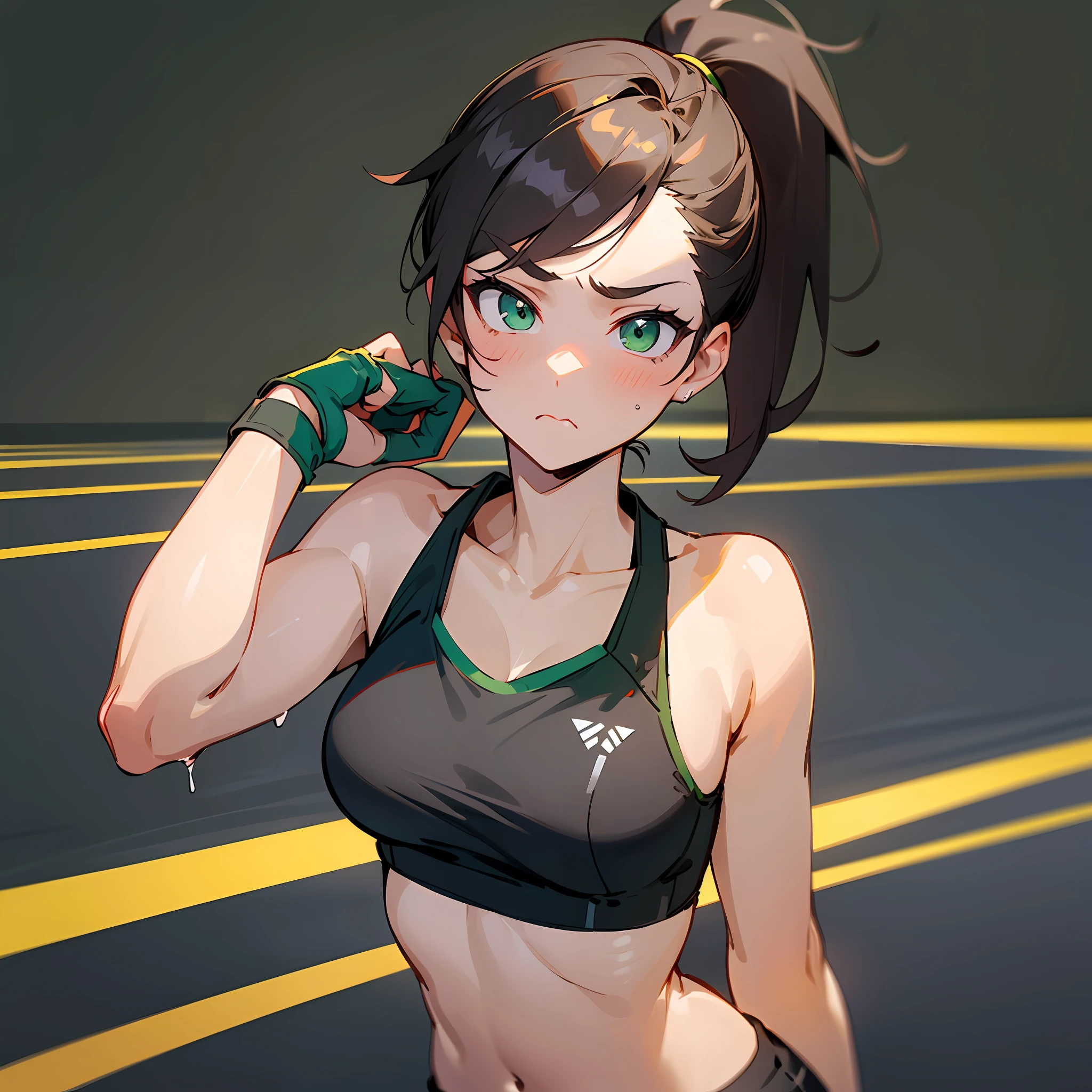 (Pure simplicity, sporty style, black background, single ponytail brunette girl, green eyes, sports bra, sports shorts, vista, tsundere expression)