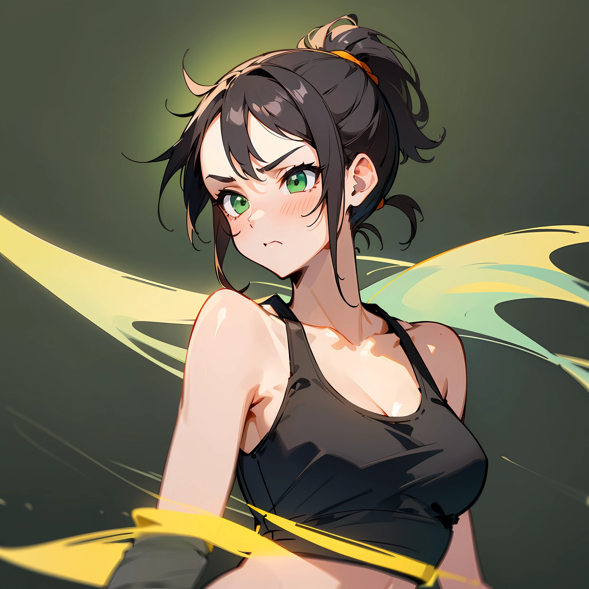 (Pure simplicity, sporty style, black background, single ponytail brunette girl, green eyes, sports bra, sports shorts, vista, tsundere expression)