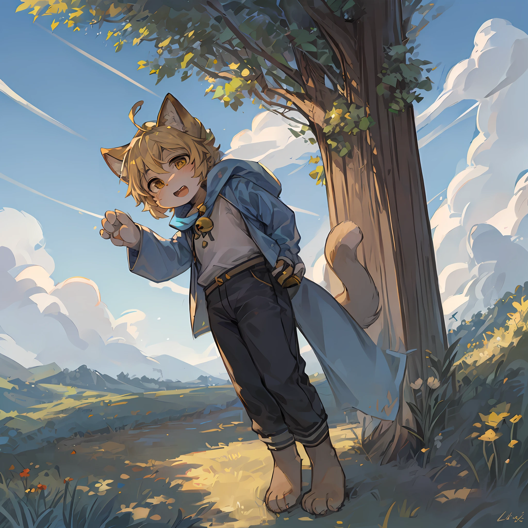 field, garden, band-aid, short hair, blonde, ahoge, bell, headphones, lower body, , furry, cat ears, open mouth, exposed teeth, clouds, sky, in summer, no spots, cubs, yellow fur everywhere, cat ears, cat type, big fluffy tail, masterpiece, high-quality portrait, humanoid, cub, beard, lone child wind, pose, full shot, sky blue coat, gray shorts, yellow scarf, white shirt, super cute face, Furry paws