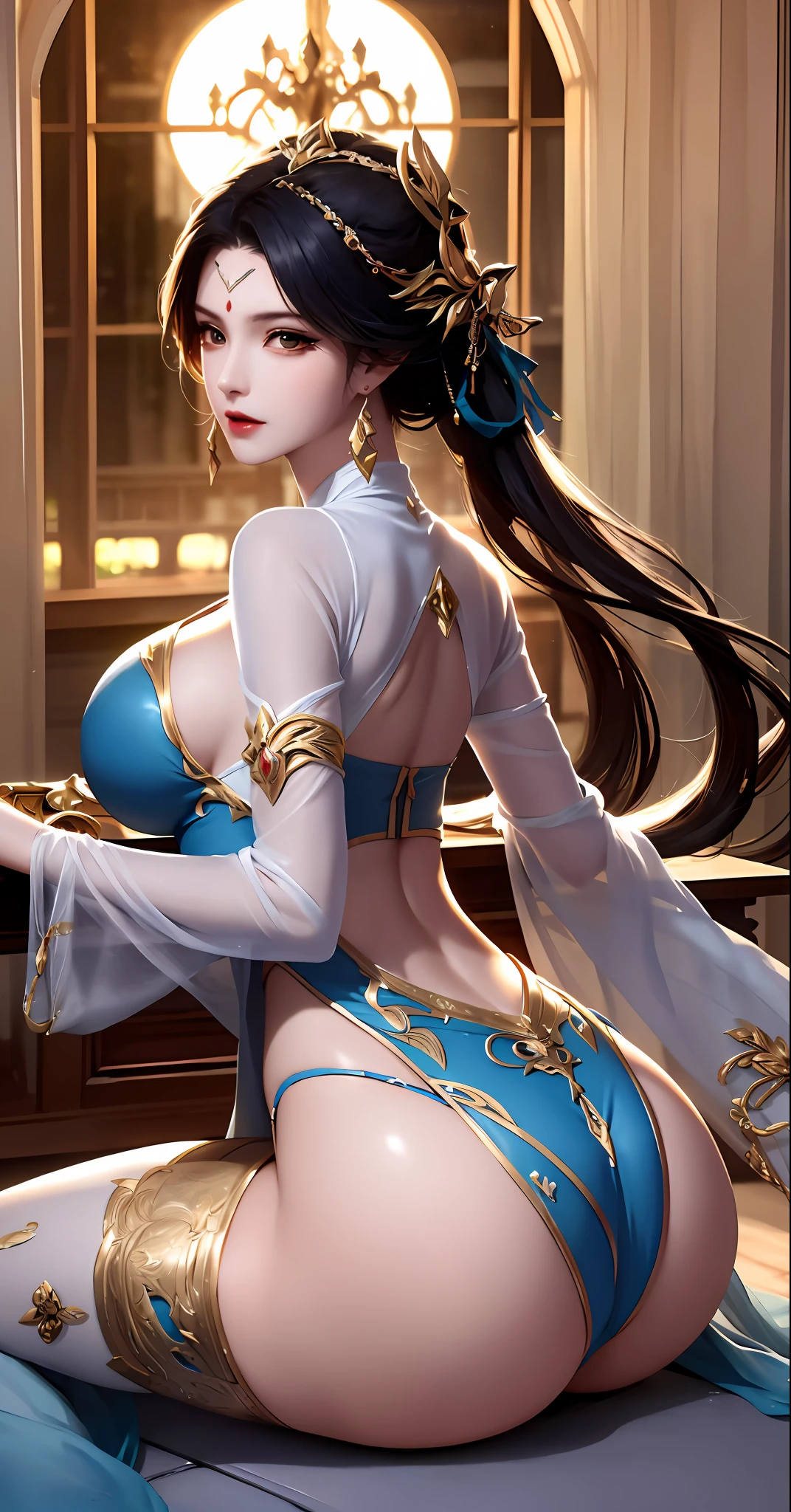 arafed woman in a blue outfit sitting on a bed, beautiful alluring anime woman, extremely detailed artgerm, a beautiful fantasy empress, seductive anime girl, palace , a girl in hanfu, trending on cgstation, 8k high quality detailed art, anime goddess, fanart best artstation, full body xianxia, smooth anime cg art, chun li