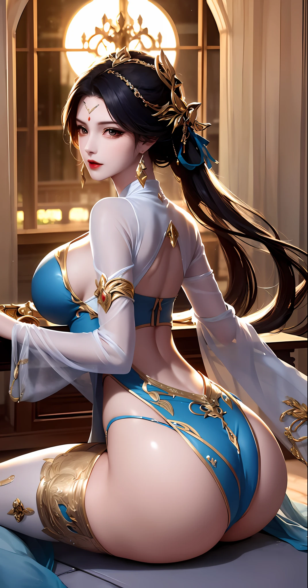 arafed woman in a blue outfit sitting on a bed, beautiful alluring anime woman, extremely detailed artgerm, a beautiful fantasy empress, seductive anime girl, palace , a girl in hanfu, trending on cgstation, 8k high quality detailed art, anime goddess, fanart best artstation, full body xianxia, smooth anime cg art, chun li