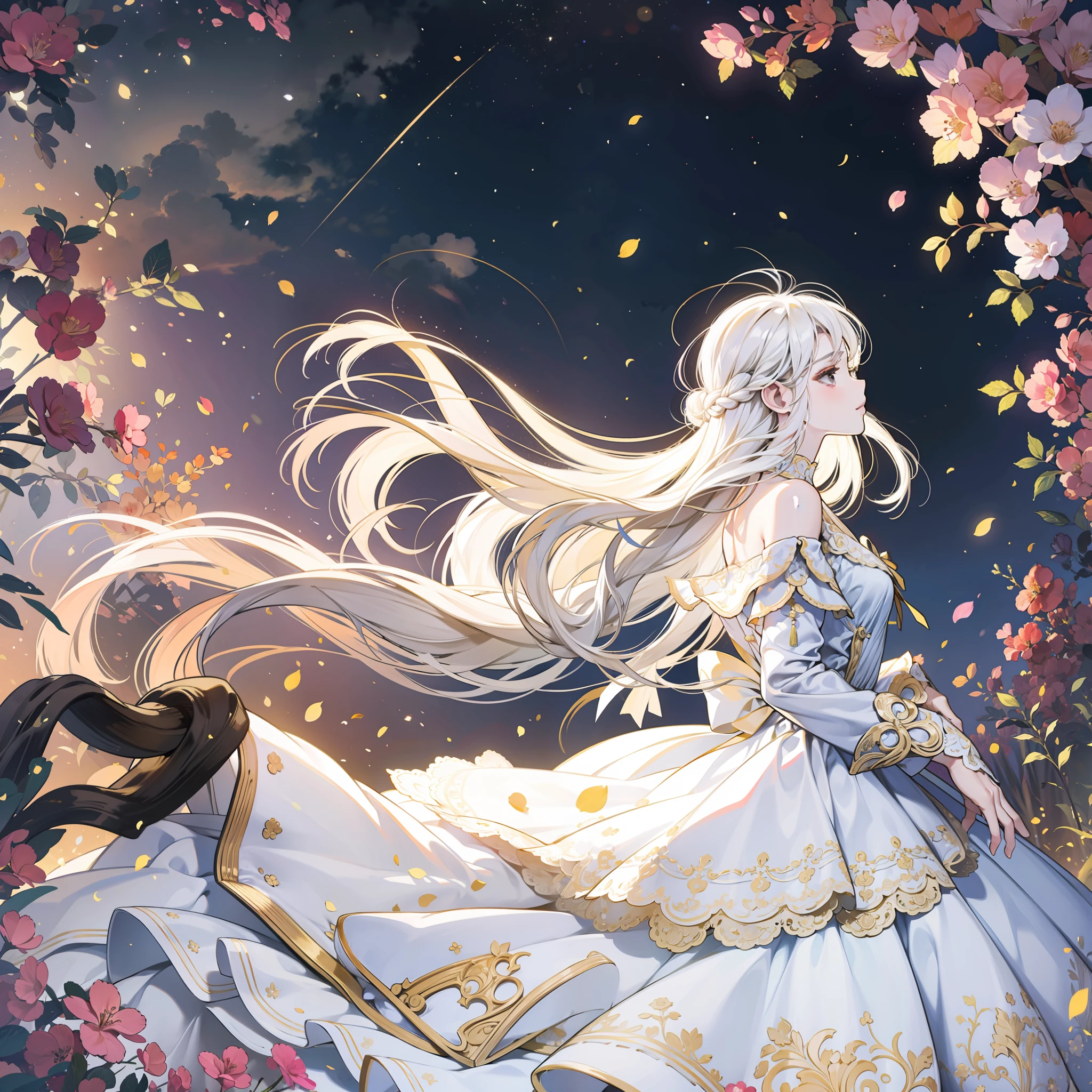 (highest quality, masterpiece, delicate), magnificent plateau, white hair fluttering in the wind, white dress, profile, perfect style