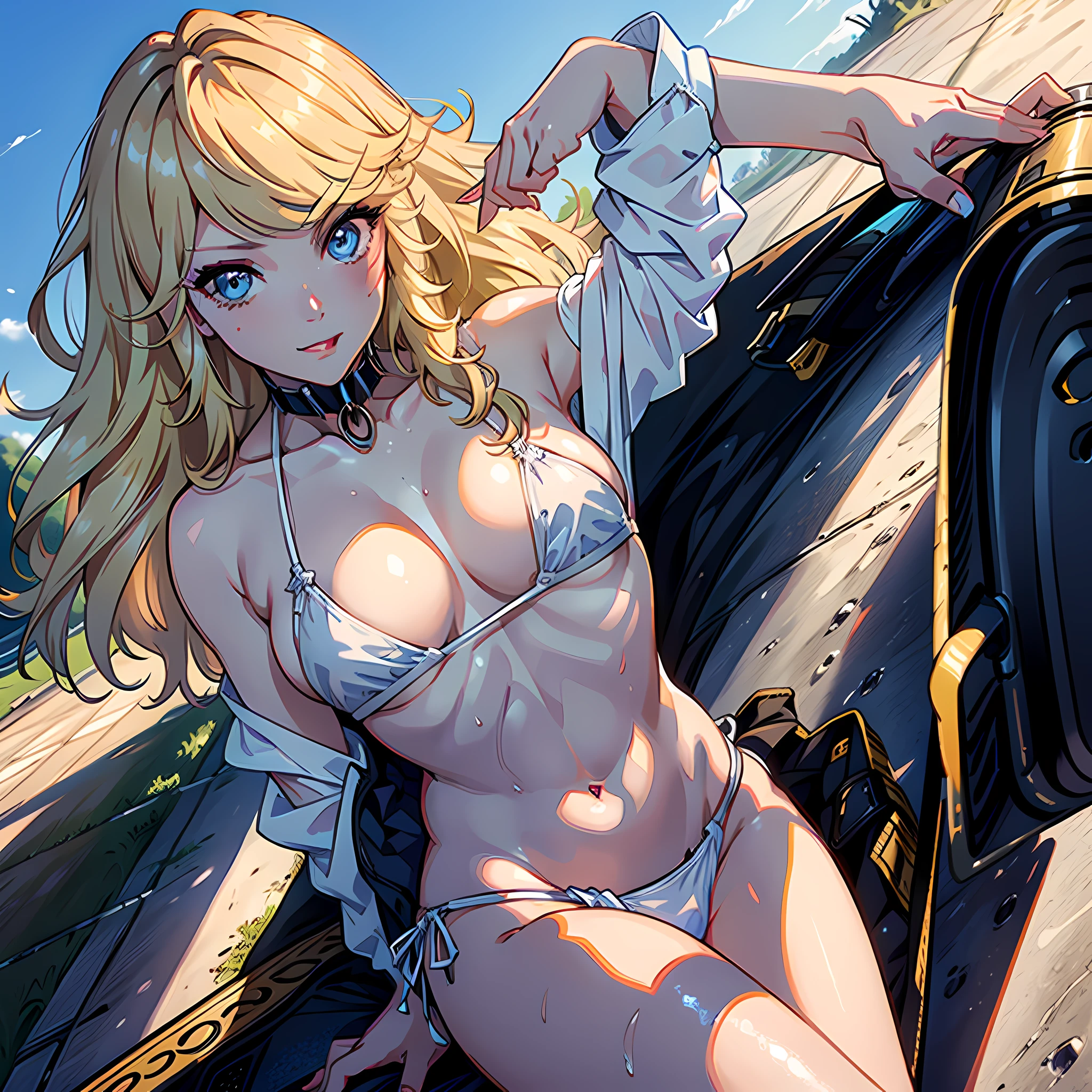 1girl, top quality, masterpiece, illustration, very delicate and beautiful, highly detailed, CG, unity, 8k wallpaper, amazing, attention to detail, masterpiece, highest quality, official art, highly detailed CG unity 8k wallpaper, ridiculous, incredibly ridiculous, huge file size, super detailed, high resolution, very detailed, beautiful detailed girl, very detailed eyes and face, beautiful detailed eyes, ( RAW photos, highest quality), (realistic, photorealistic: 1.3), lights on the face, full body, full body shot, pure white without pattern, (((white sexy tiny bikini)), top and bottom white, slippery, shiny white tiny bikini, white micro bikini with little cloth area, side breasts, lower breasts, waist constriction, thigh gap, ((triangular face)), (blonde hair: 1.3), long hair, (big governor's eyes), ((( Puffy eyes)), ((( (Colossal breasts))), ((delusional breasts)), (Charming monkey), Bangs, Blonde, (K-pop idol), 18 years old, blonde Japan, ((blue sky background)), Skinny, (Pause)), (smile), Happy,Looking at the viewer, facing the front, ((cleavage))))), sexy, crotch, Blonde, Dark droopy eye makeup, Seduction, Dark eyeliner, Long eyelashes, Blushing cheeks, Smile young Japan man, embarrassed, emphasized, young, shiny or lipped, pleased, meadow, crotch emphasis, blonde