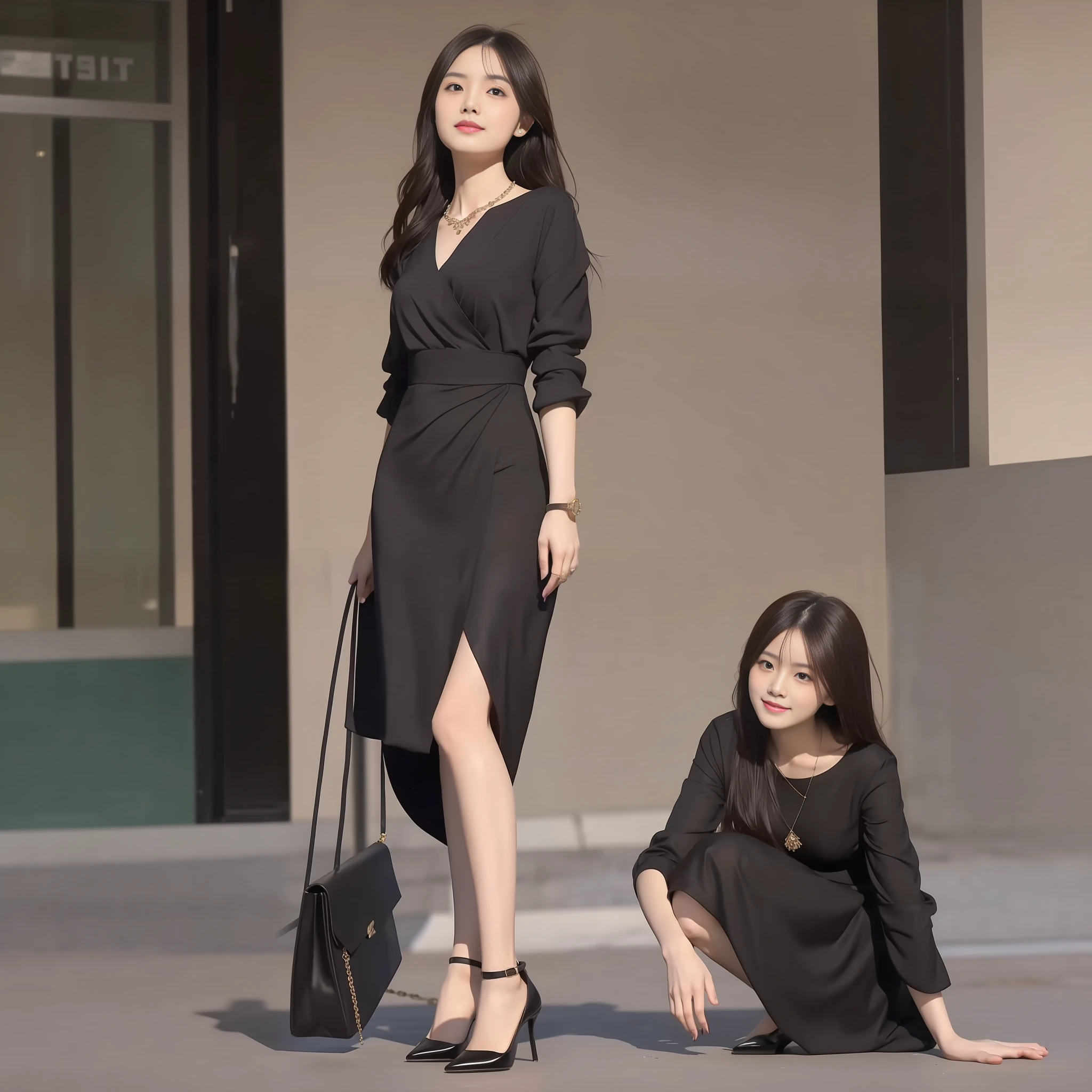 (Best Quality, 8k, 32k, Masterpiece, UHD: 1.2), Photo of a Beautiful Chinese Woman, (A Woman: 1.5), (Detailed Face: 1.1), Simple Black Suit, Looking at the Viewer, (Full Body Photo: 1.6), Necklace, Dress Shirt, Smile, Lower Body Long Skirt, Slim Figure, Long Legs, High Heels: 1.4, (Tall Height: 1.6), Light in Eyes