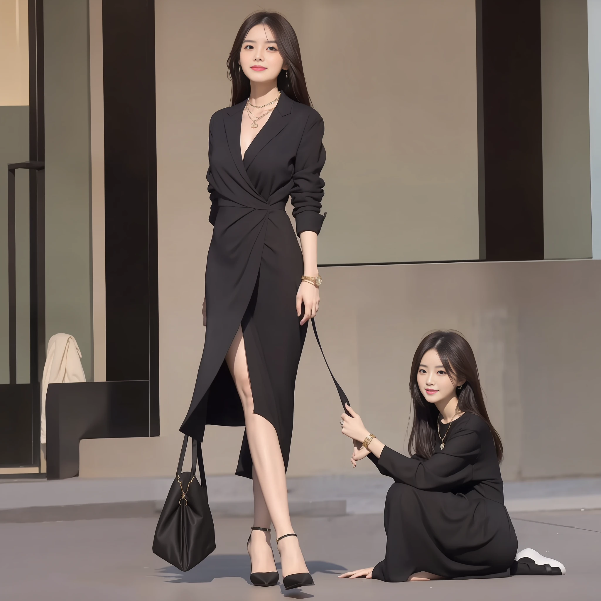 (Best Quality, 8k, 32k, Masterpiece, UHD: 1.2), Photo of a Beautiful Chinese Woman, (A Woman: 1.5), (Detailed Face: 1.1), Simple Black Suit, Looking at the Viewer, (Full Body Photo: 1.6), Necklace, Dress Shirt, Smile, Lower Body Long Skirt, Slim Figure, Long Legs, High Heels: 1.4, (Tall Height: 1.6), Light in Eyes