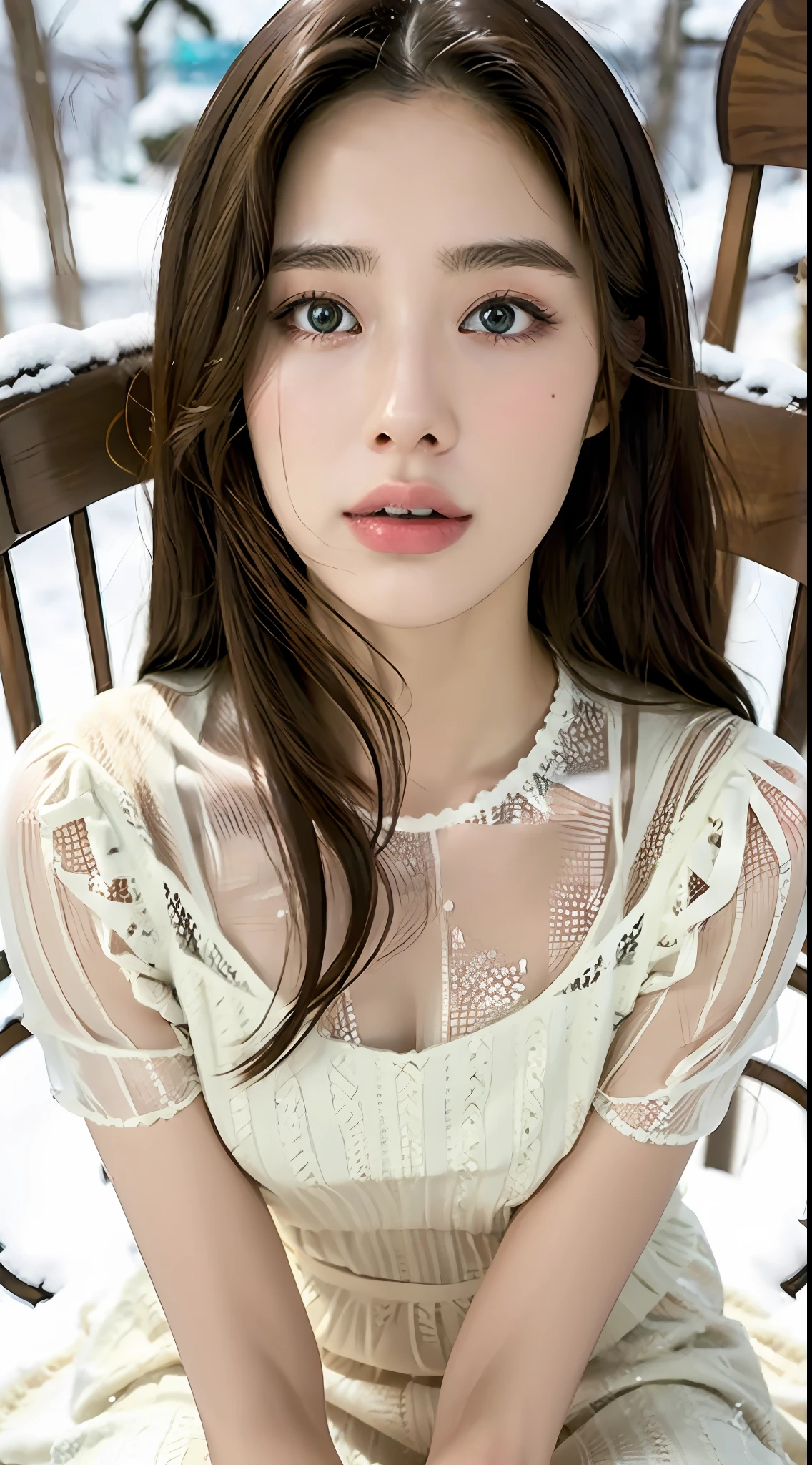((Best Quality, 8K, Masterpiece: 1.3)), 1 girl, perfect facial features, full body, full of temptation, snow-white skin, slim face, beautiful woman with long snow-white legs, (dark brown hair), patterned transparent dress :1.1, ultra-detailed face, detailed eyes, double eyelids, blurred background, slim face, beach, outside, kneeling, gun,