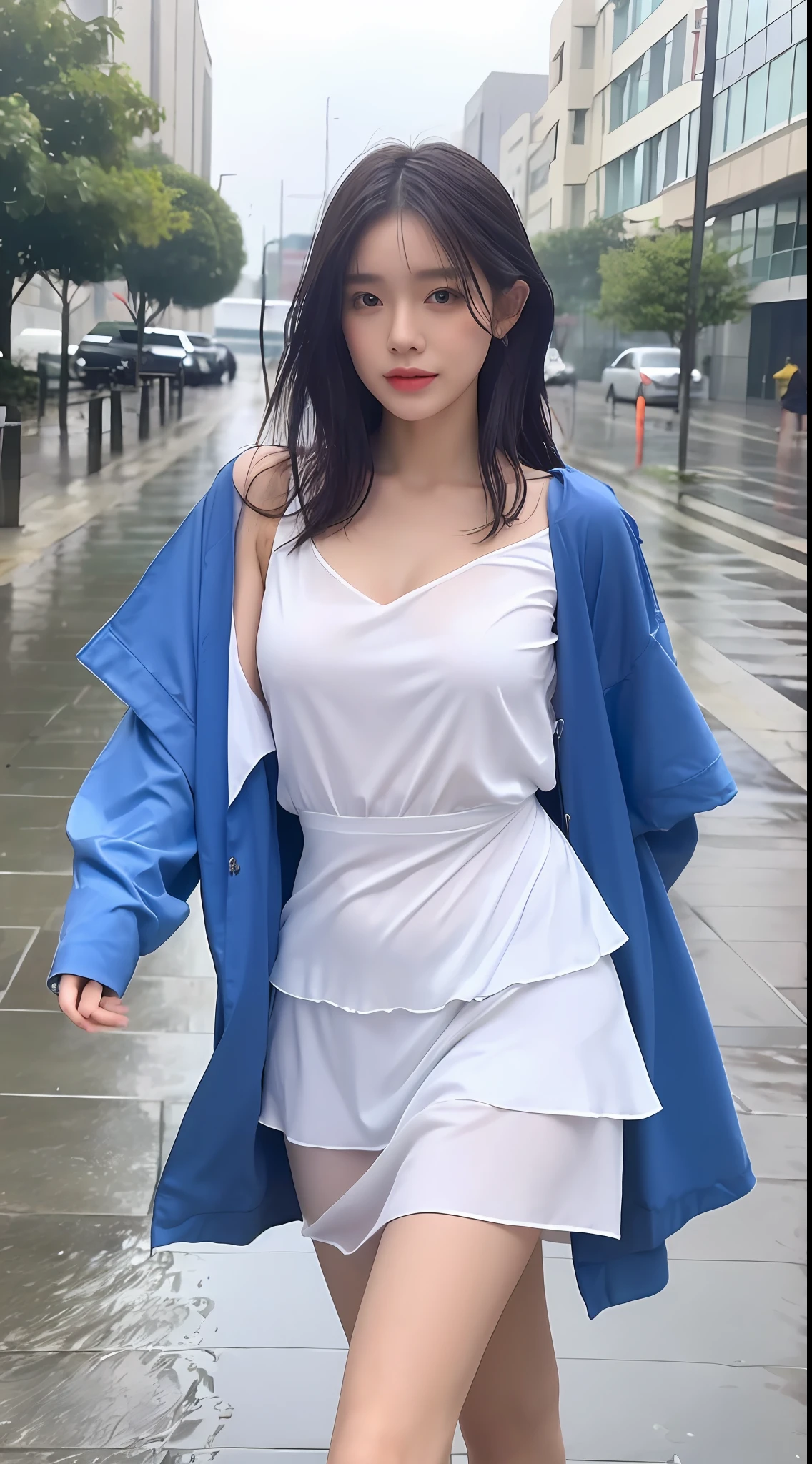 ((Best Quality, 8k, Masterpiece:1.3)), Focus: 1.2, Perfect Body Beauty: 1.4, Buttocks: 1.2, ((Layered Haircut, Breasts: 1.2)), (Wet Clothes: 1.1) , (Rain, Street:1.3), Bandeau Dress: 1.1, Highly Detailed Face and Skin Texture, Delicate Eyes, Double Eyelids, Whitened Skin, Long Blue Hair, Walking in the Rain