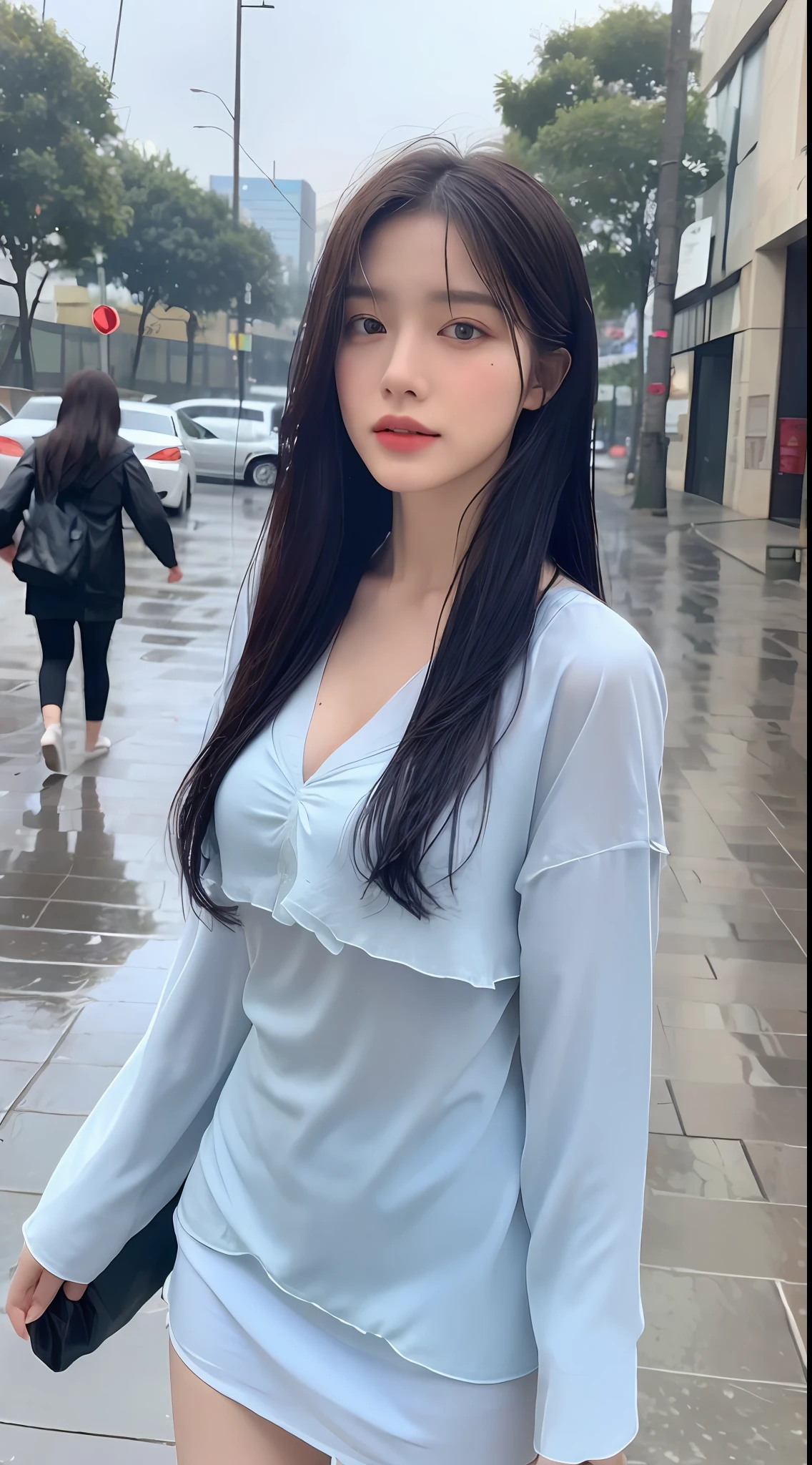 ((Best Quality, 8k, Masterpiece:1.3)), Focus: 1.2, Perfect Body Beauty: 1.4, Buttocks: 1.2, ((Layered Haircut, Breasts: 1.2)), (Wet Clothes: 1.1) , (Rain, Street:1.3), Bandeau Dress: 1.1, Highly Detailed Face and Skin Texture, Delicate Eyes, Double Eyelids, Whitened Skin, Long Blue Hair, Walking in the Rain