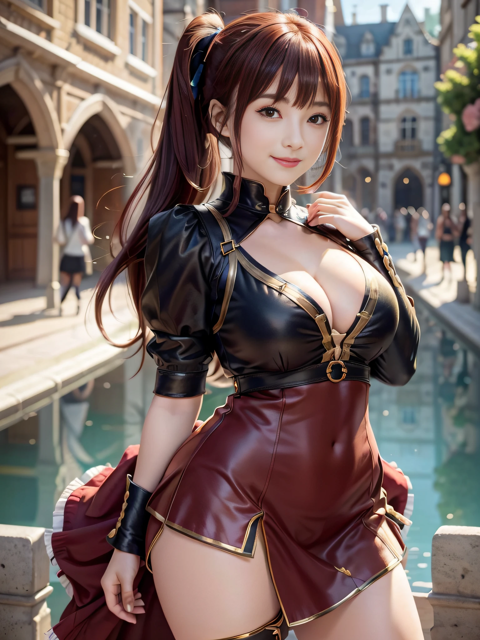 (8k raw photos, highest quality, masterpiece, UHD), (realistic, photorealistic: 1.37), (realistic skin shading), ultra high resolution, depth of field, soft sunlight, very cute girl, oblique or almond-shaped eyes, cute face, solo, cheeky smile, cleavage, large and very large breasts, very detailed eyes and hair, beautiful skin in every detail, attractive thighs, juicy thighs, side ponytails, dark red hair, thick bangs, skirts, boots, medieval cityscape, crowd,