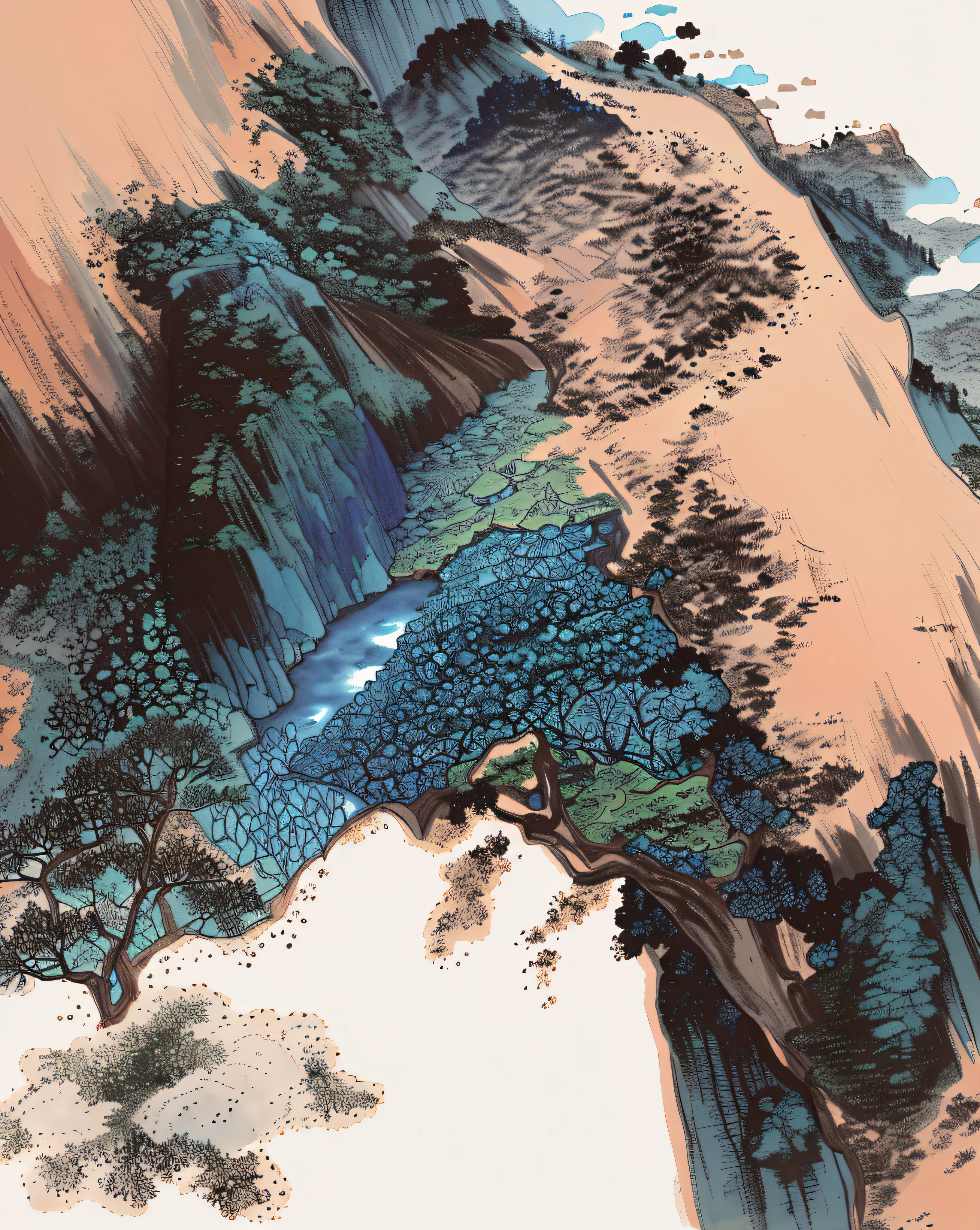 There is a painting of a mountain with blue trees, complex ink painting details, ink, three-dimensional, virtual and real science fiction, landscape map Qi Shengluo, Xu Xi, Shen Quan, Li Zai, Liang Kai, Dai Xi, Chinese style painting, Shao Mi, Guo Hua style, Wang Fu, Chinese painting style, Qiu Fang
