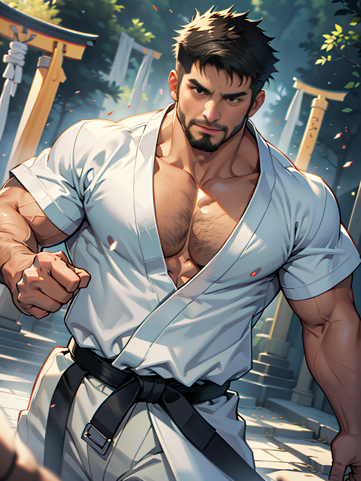 best quality, masterpiece, super high resolution, detailed background, realism, Illustrations, single, 1 boy, torii, muscle, volumetric lighting, depth of field, facial hair, ryu, ( fist raised above head and jumped), white clothes, black belt,