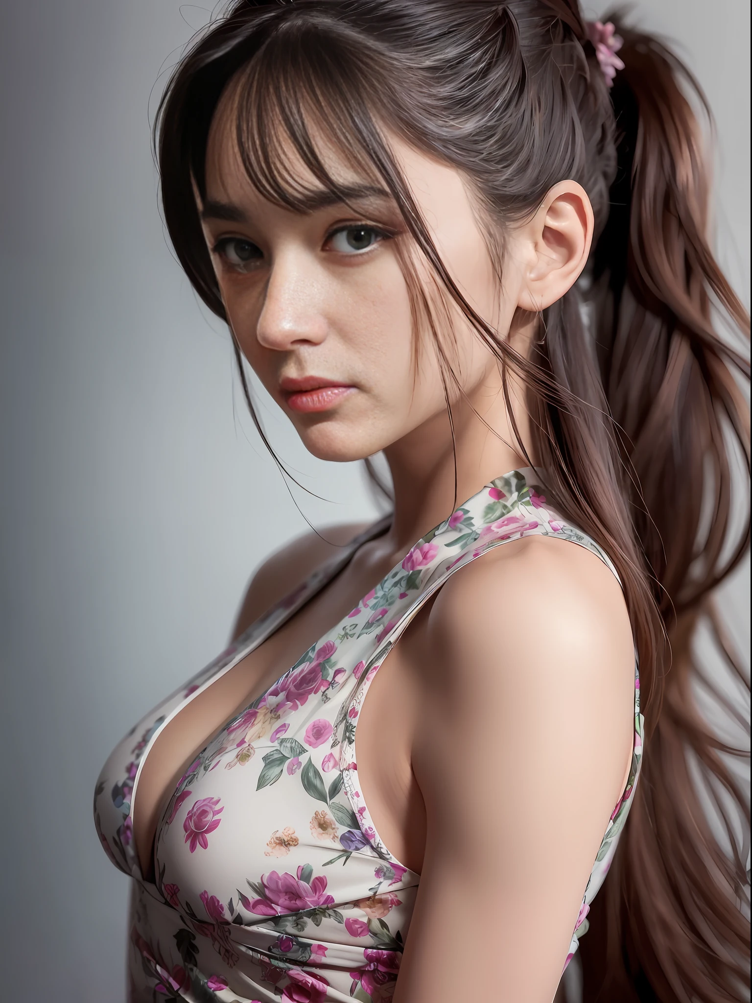 (detailed skin),(sharp focus),1 beautiful young girl, small breast, a floral-print dress, skinny, thin waist, Best quality, sexy pose, 20 years old, masterpiece, pony tail, natural make-up, ultra high res, (photorealistic:1.4), raw photo, deep shadow,