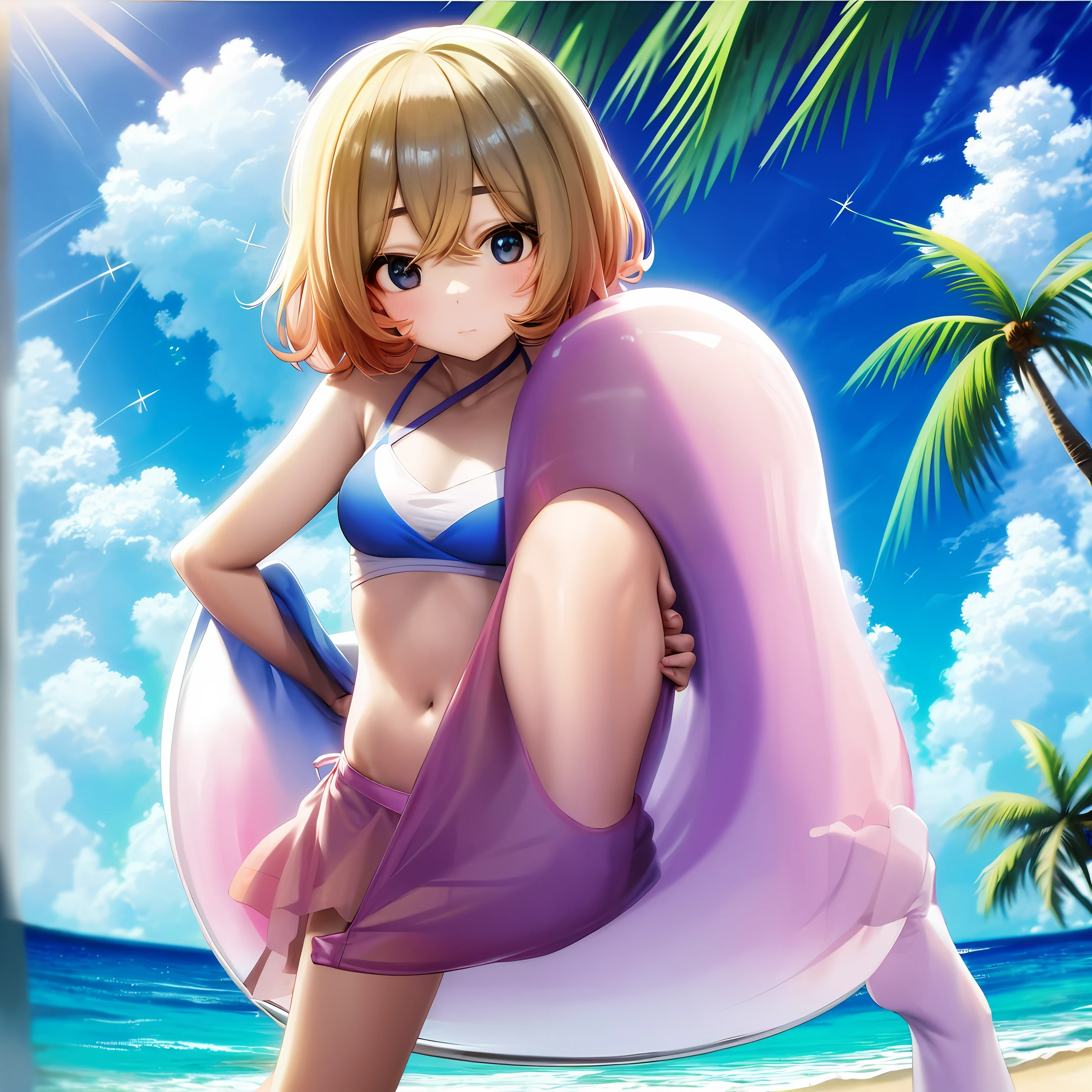 Woman, young, bikini, transparent, on beach, blue sky, with coconut tree