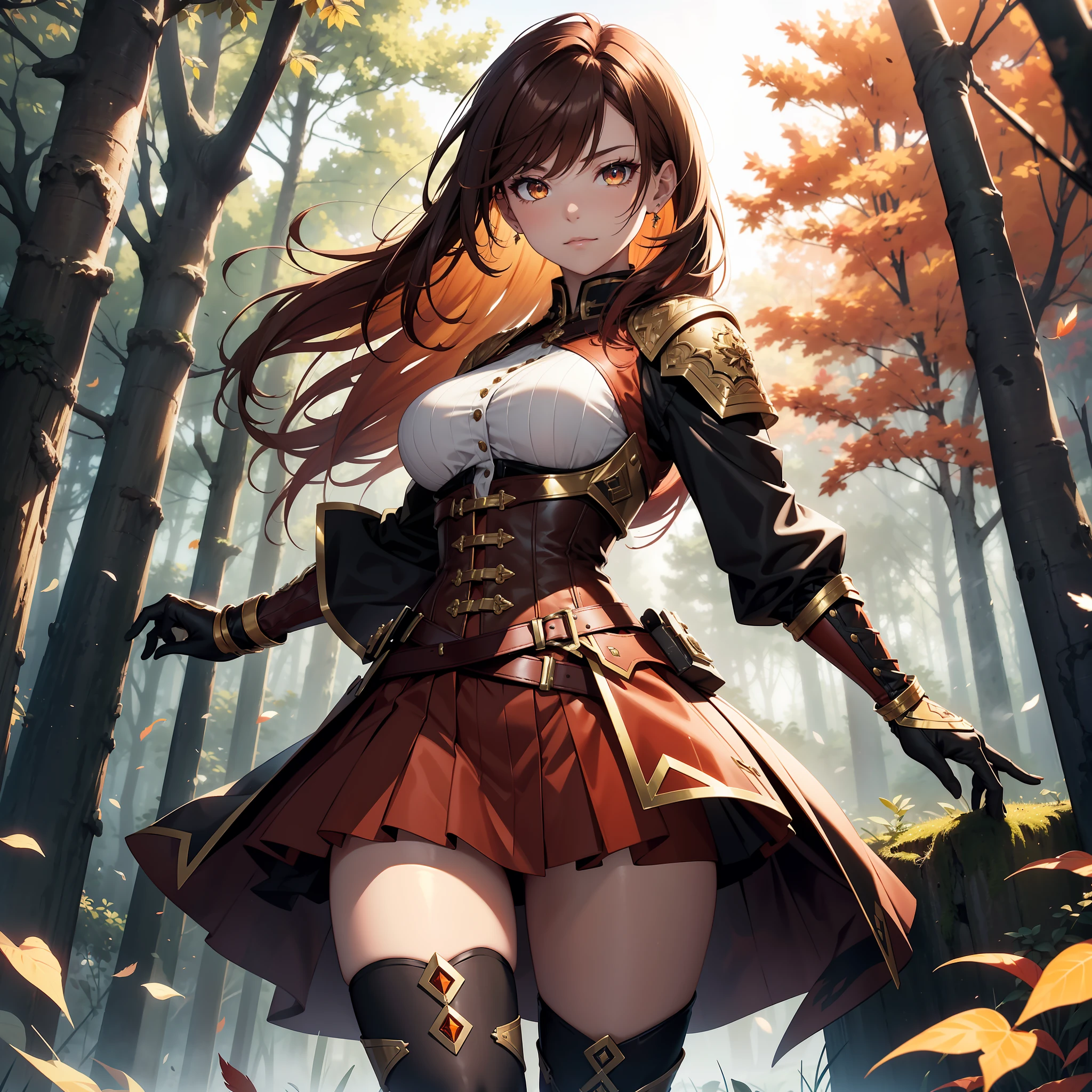 ({best quality}, {{masterpiece}},, {highres}),extremely detailed 8K wallpaper,(solo,1girl),young adult,curvaceous_body,d_cup_breasts,detailed_face,horizonal_view,slender waist,floating,perspective,beautiful_face,ample_breasts,high_saturation coloring,prodigy_girl,pale_skin,looking at viewer,standing next to viewer,confident,Phoneix_girl,fierce,confident,youthful,pale_skin
Blazing_red_hair,orange at tips,orange highlights,golden eyes,white pupil,crimson circlet around forehead,minor orange hairtip highlights
brown and blaze red shirt,deep crimson t-shirt,brown and gold corset,bands,dark brown long gloves with blazing trims,brown gauntlets,two holsters on waist,brown waistband,brown skirts,two feather hems,golden brown tassets,red feathery hem,deep brown and gold combat long boots,brown stockings with feather decorations. Red feather thigh bracer on left thigh,detailed
Standing in forests,autumn,early morning,misty,optimistic_expression,facing the light