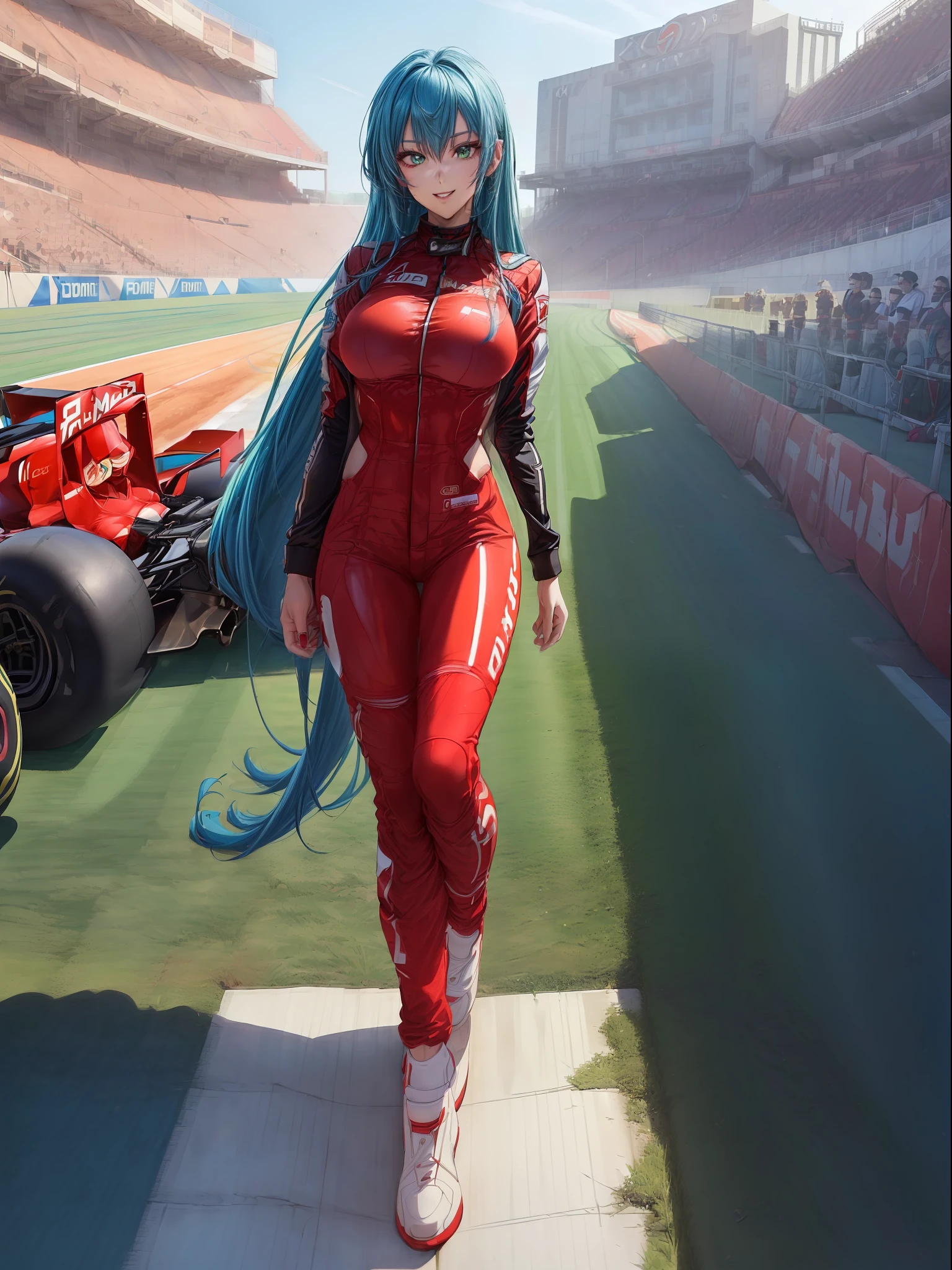 ((full body):2) (({Only one woman}:1.2):{((wearing red formula 1 runner suit)1.2), ((long blue hair down to shoulders, sparkling green eyes) 1.3), ((striking an erotic pose in a formula 1 car, looking at the viewer, smiling):1.3), ((extremely large breasts):1.2)}, \n (({Hypodromia from formula 1 racing, is in night, raining heavily, several people are in the stands}):1.3), anime, anime style, 16k, ((best quality, high details):1.4), masterpiece, UHD