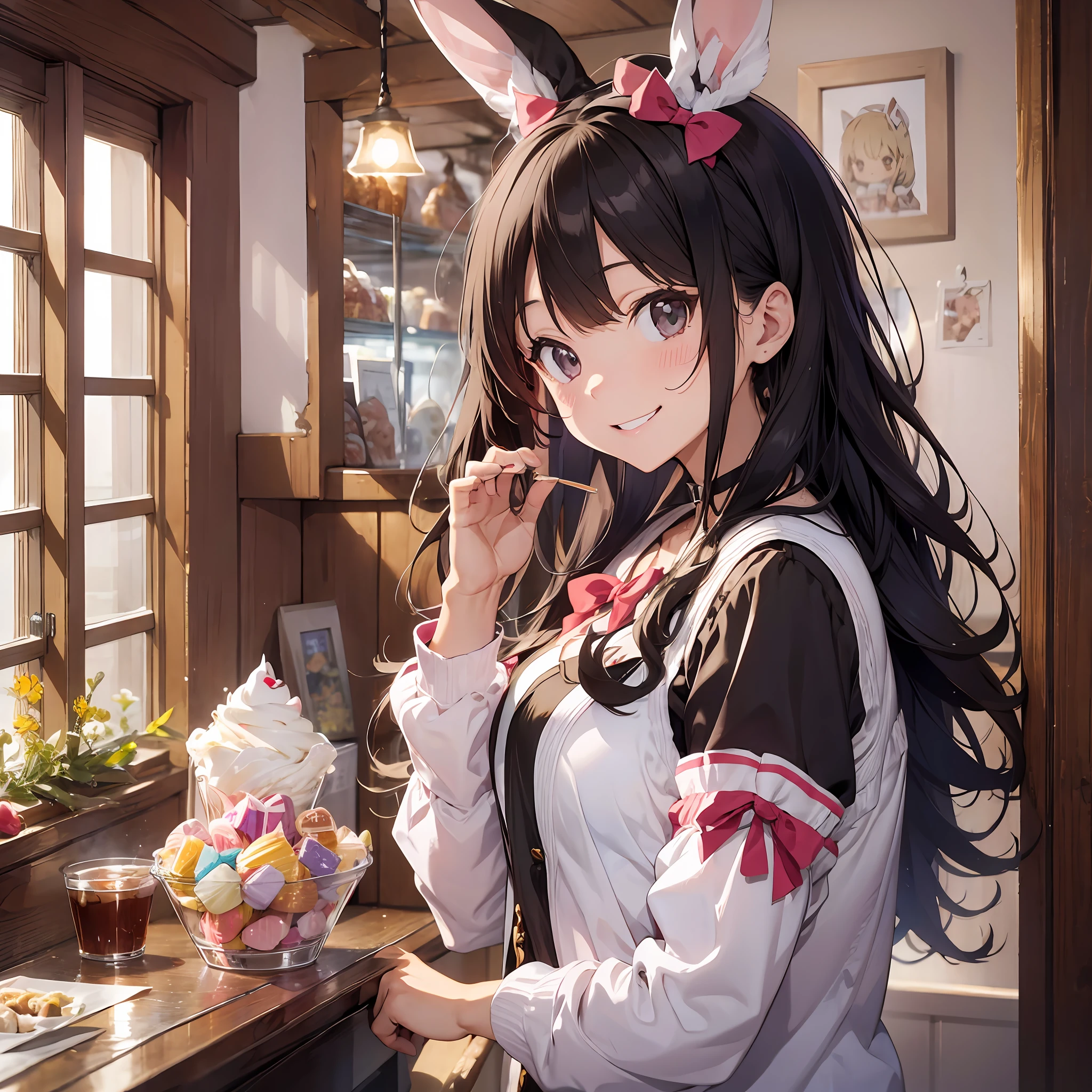 Rabbit-eared girl Inside the house of sweets Eating sweets Smile