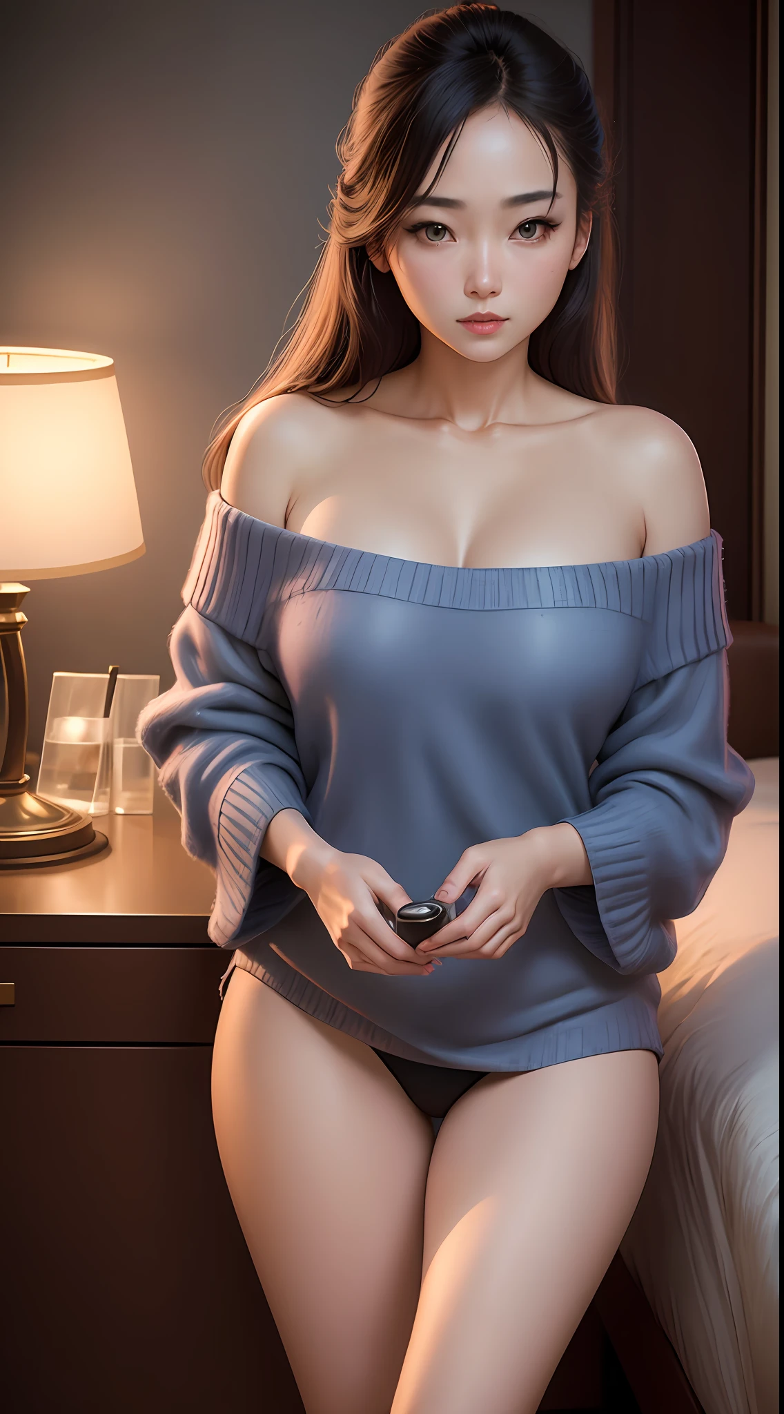 ultra high res, (photo realistic:1.4), 1 girl, looking at viewer, Wearing oversized off-shoulder knit over lingerie, korean famous actress, very beautiful, kawaii, 35mm lens, f/ 1. 8, accent lighting, at luxury hotel, Cinematic, best quality, masterpiece, 8k