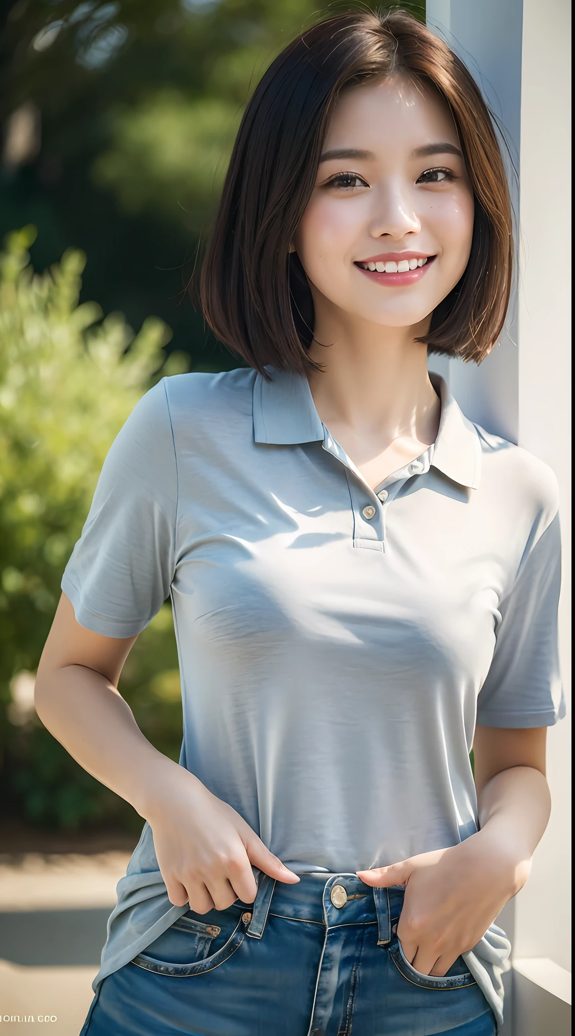 (8k, RAW photos, top quality, high resolution: 1.1), (ultra-realistic: 1.4), (realistic, photorealistic: 1.3), soft light, big, girls, realistic faces, realistic bodies, realistic skin, absurdity, masterpiece, (cute: 1.8), cuties, solo, (big: 1.2), detailed black eyes, innocent eyes, cheeks, (polo shirt: 1.2), cinema light, Film Grain, (((Short Bob Hair: 1.1)), Cherry Colored Lips, Close-up, Look Viewer, Upper Body, Open Lips, Upper Teeth, (Smiling Eyes: 0.6), ((grinning: 1.2)), Depth of Field, Blurred Background, Eye Focus, Bokeh, Young, 85mm Lens, f/1.4, Professional Lighting, Young, Portrait, Photon Mapping, Radiocity, Physically Based Rendering,hands on hips
