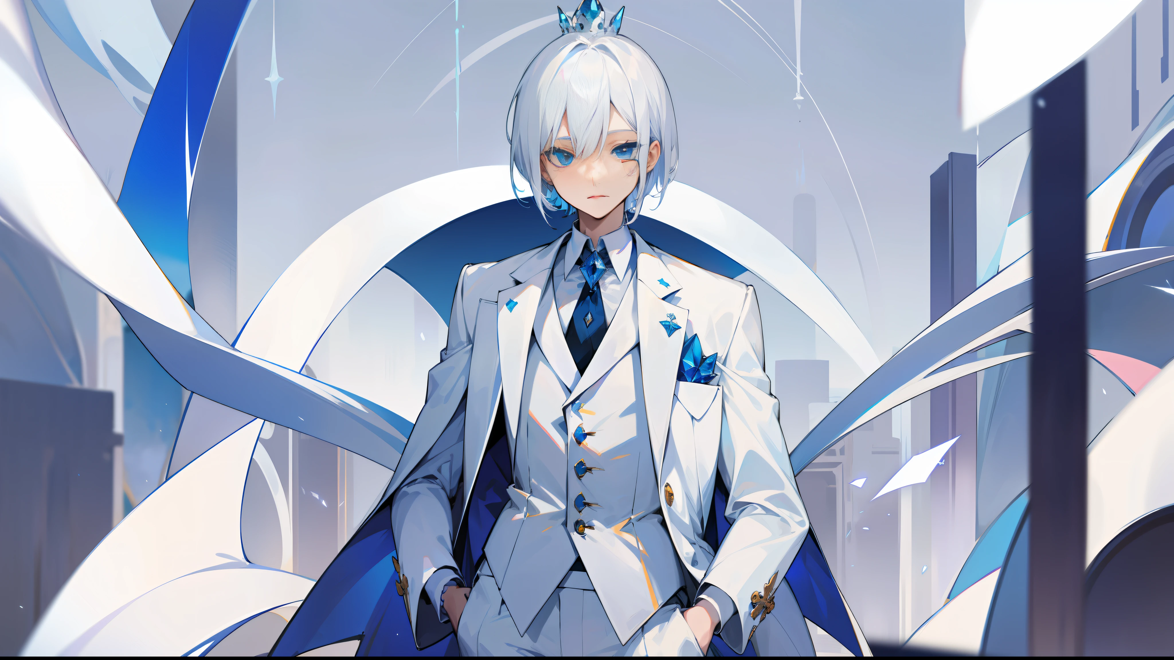 White hair, blue eyes, boy, panorama, background palace, jewel eyes, short hair, white suit