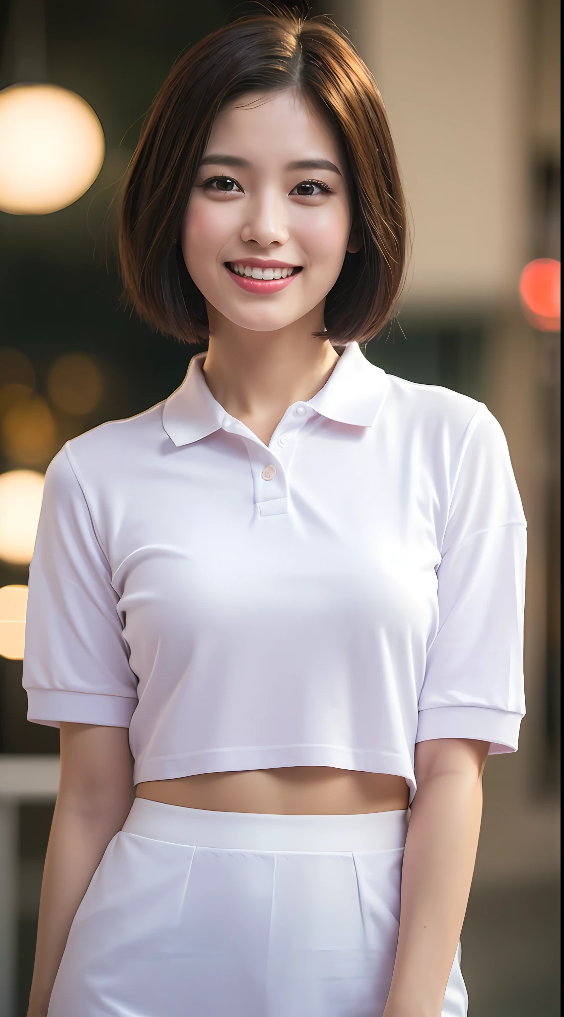 (8k, RAW photos, top quality, high resolution: 1.1), (ultra-realistic: 1.4), (realistic, photorealistic: 1.3), soft light, big, girls, realistic faces, realistic bodies, realistic skin, absurdity, masterpiece, (cute: 1.8), cuties, solo, (big: 1.2), detailed black eyes, innocent eyes, cheeks, (polo shirt: 1.2), cinema light, Film Grain, (((Short Bob Hair: 1.1)), Cherry Colored Lips, Close-up, Look Viewer, Upper Body, Open Lips, Upper Teeth, (Smiling Eyes: 0.6), ((grinning: 1.2)), Depth of Field, Blurred Background, Eye Focus, Bokeh, Young, 85mm Lens, f/1.4, Professional Lighting, Young, Portrait, Photon Mapping, Radiocity, Physically Based Rendering,hands on hips