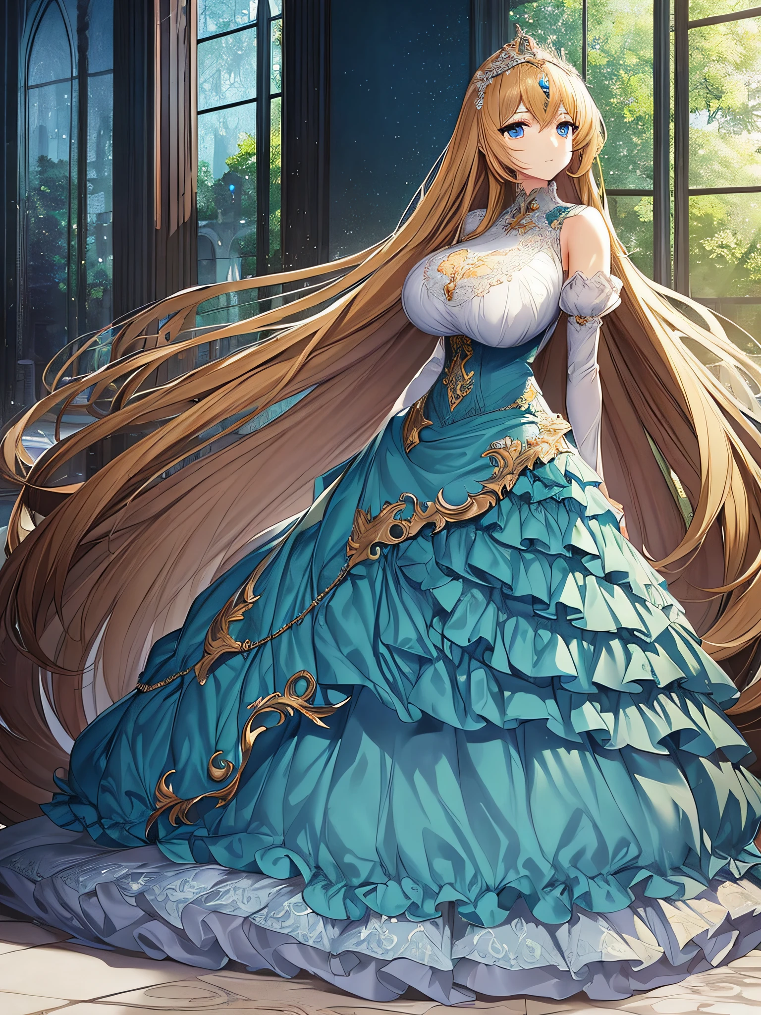 ((anime moe artstyle)),noble atmosphere,((game CG)),(Masterpiece),(Best Quality), (Super Detail),Illustration,(((Very Delicate and Beautiful))),Focus on character,Dynamic Angle,Looking at viewer,(((Solo))),((Full body)),(((1 noble princess in ball gown with a voluminous skirt))),detailed face and eyes,jewel-like eyes,(Very Long Hair),gorgeous embroidery and lace,See-through,ornate ruffles,(gigantic breasts,Long breasts),(gorgeous ball gown with a voluminous skirt),