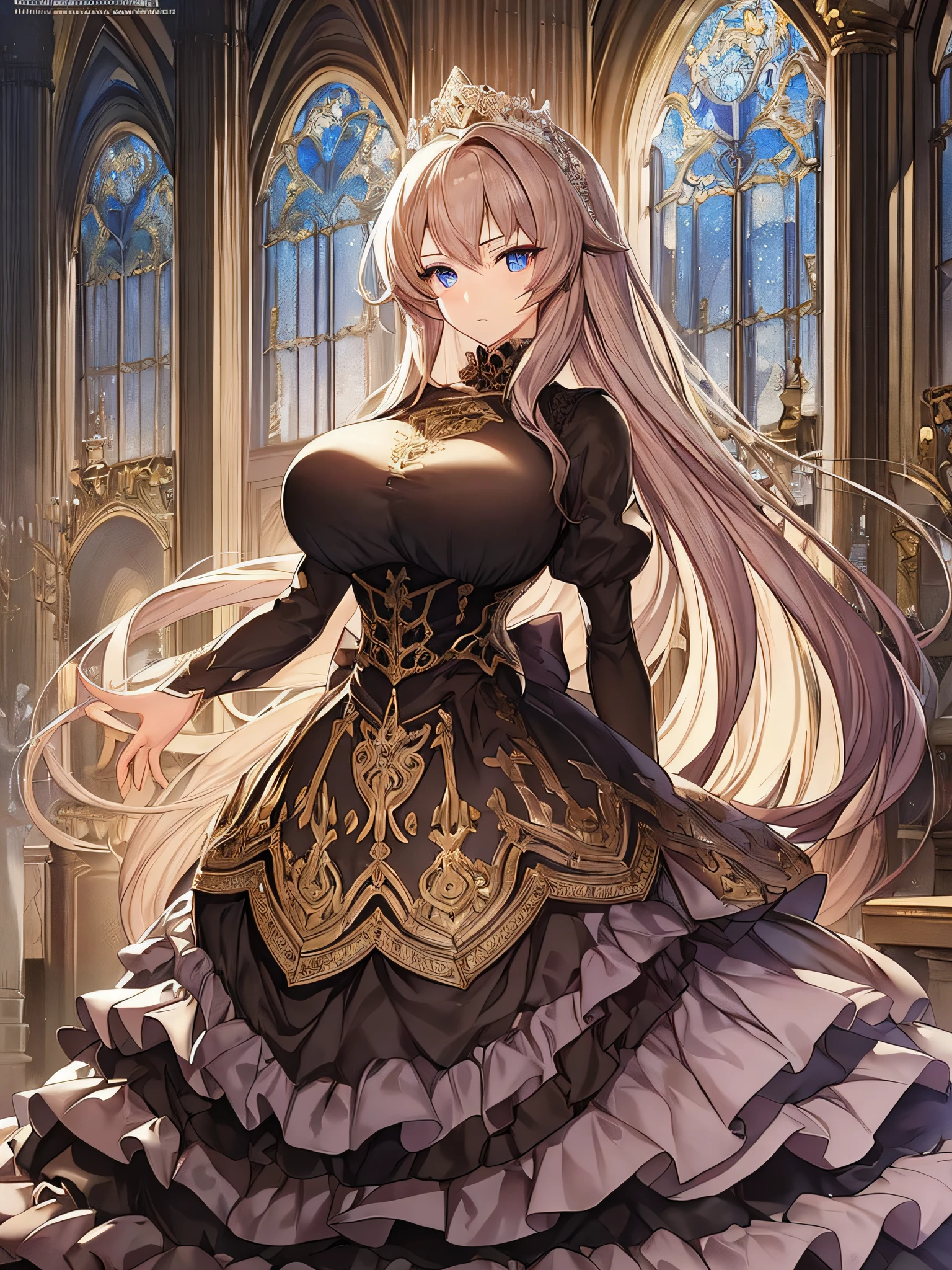 ((anime moe artstyle)),noble atmosphere,((game CG)),(Masterpiece),(Best Quality), (Super Detail),Illustration,(((Very Delicate and Beautiful))),Focus on character,Dynamic Angle,Looking at viewer,(((Solo))),((Full body)),(((1 noble princess in ball gown with a voluminous skirt))),detailed face and eyes,jewel-like eyes,(Very Long Hair),gorgeous embroidery and lace,See-through,ornate ruffles,(gigantic breasts,Long breasts),(gorgeous ball gown with a voluminous skirt),