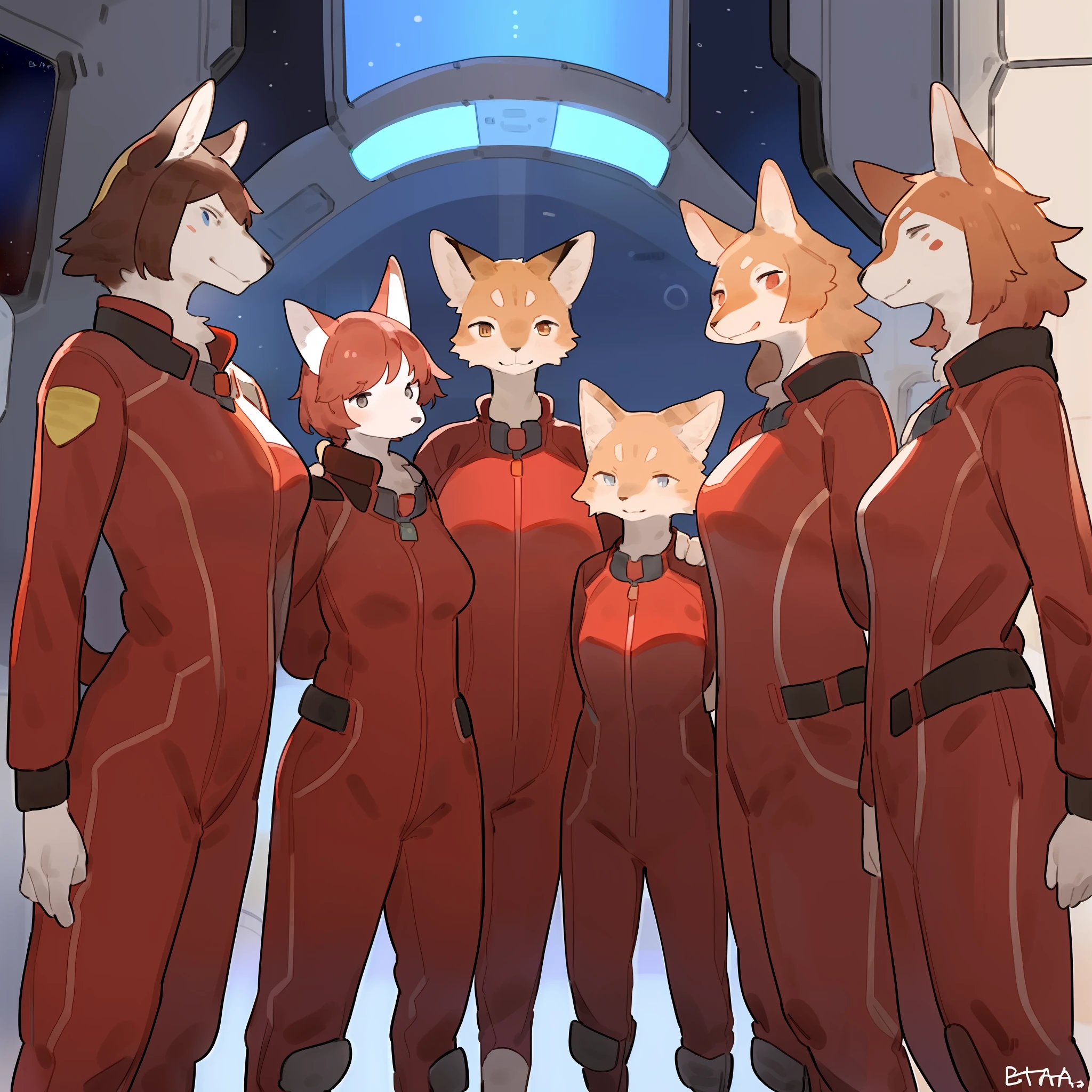 Group photo, red uniform, red uniforms, red jumpsuit, red spacesuit, female, smiling, facing viewer, standing shoulder to shoulder, standing in line, space, spaceship, window, by bebebebebe, (((by buta99))), canine, feline, hair, a diverse group of anthro characters standing shoulder to shoulder in red spacesuit uniforms