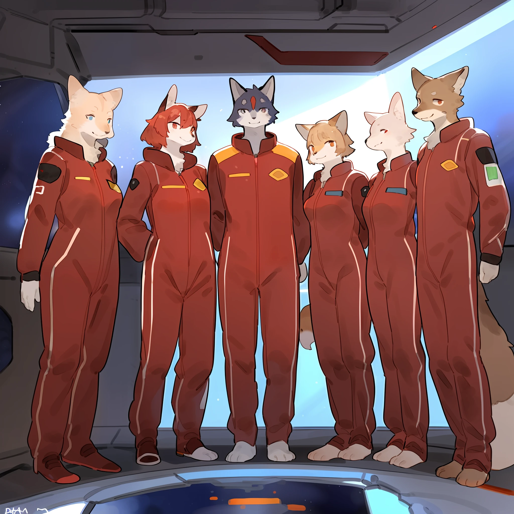 Group photo, red uniform, red uniforms, red jumpsuit, red spacesuit, female, smiling, facing viewer, standing shoulder to shoulder, standing in line, space, spaceship, window, by bebebebebe, (((by buta99))), canine, feline, hair, a diverse group of anthro characters standing shoulder to shoulder in red spacesuit uniforms
