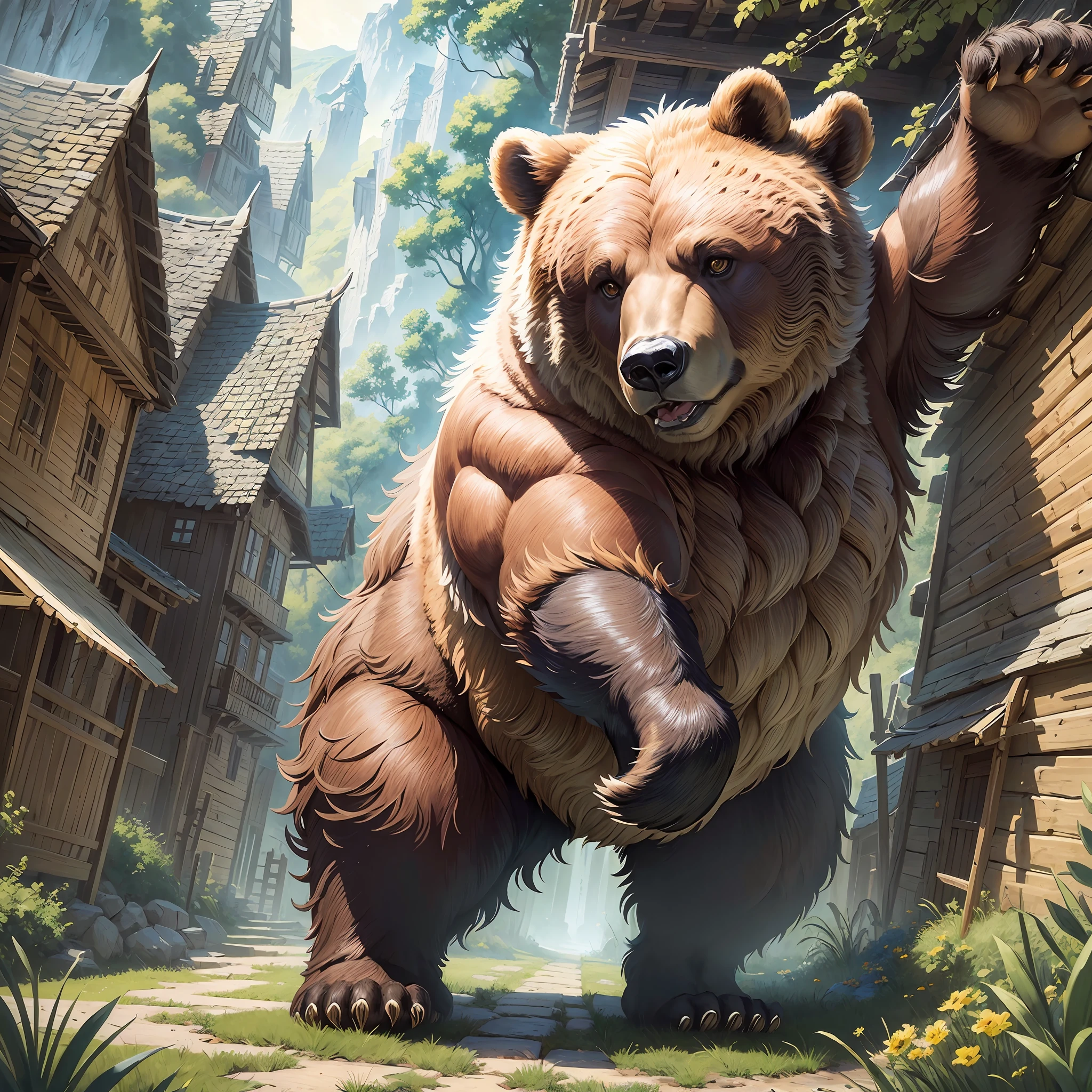 (masterpiece), best quality, ultra-detailed, (trading card game illustration), (scene of a bear attacking the village), extremely detailed, high resolution, dynamic angle, dynamic pose, village, bear, intense action, vivid colors, dramatic lighting. --auto --s2