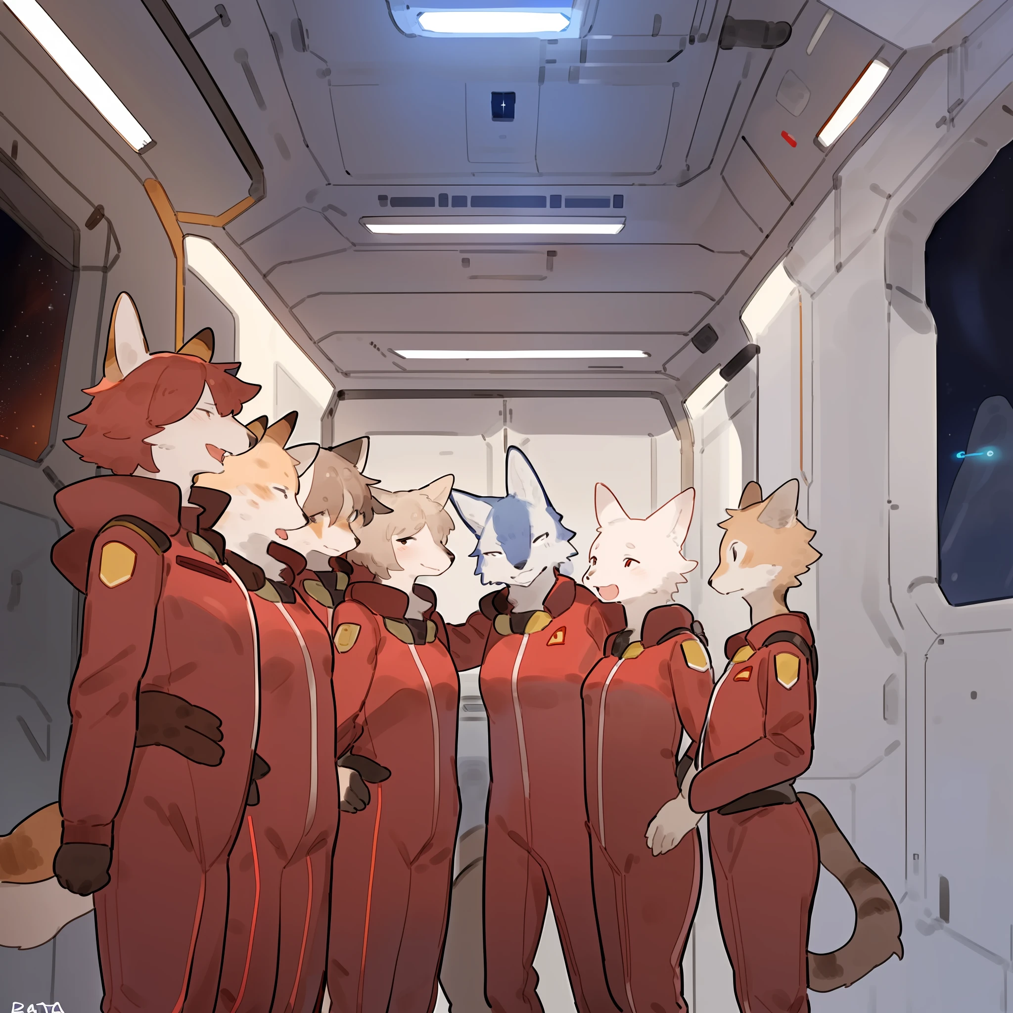 Group photo, red uniform, red uniforms, red jumpsuit, red spacesuit, female, smiling, facing viewer, standing shoulder to shoulder, standing in line, space, spaceship, window, by bebebebebe, (((by buta99))), canine, feline, hair, a diverse group of anthro characters standing shoulder to shoulder in red spacesuit uniforms