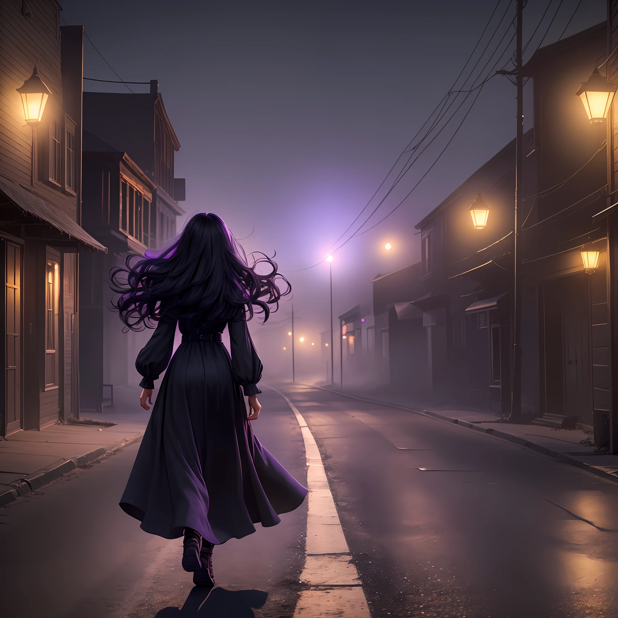 Woman walking head-on down a road at night towards a ghost town, with fog and shadows,, wavy and long black hair, high quality, ultra-detailed, 8k, masterpiece, (volumetric lighting), black magic, fanciful, purple colors, black and vivid shadows on the character's return --auto --s2