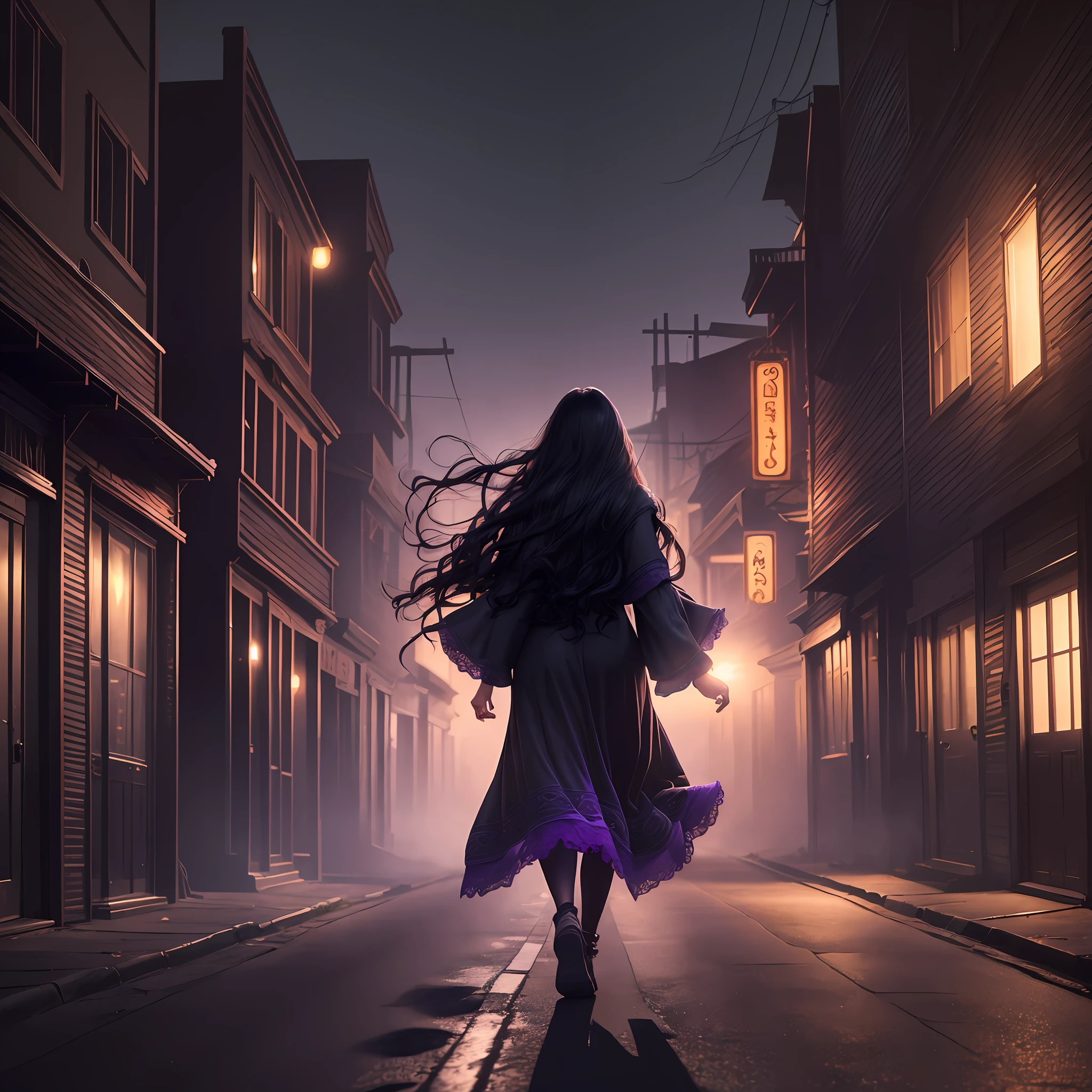 Woman walking head-on down a road at night towards a ghost town, with fog and shadows,, wavy and long black hair, high quality, ultra-detailed, 8k, masterpiece, (volumetric lighting), black magic, fanciful, purple colors, black and vivid shadows on the character's return --auto --s2