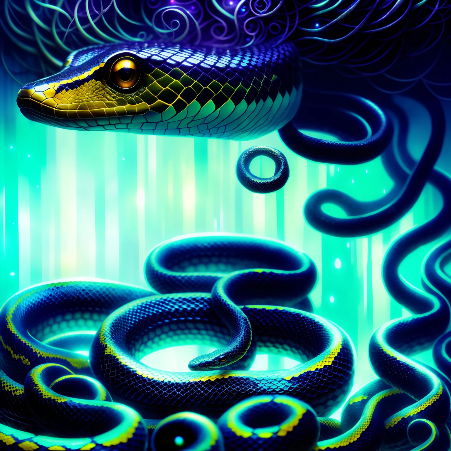 Milky Snake with Lots of Hair on Its Head, Third Eye, Staring at Something Away, Intricate Details, Electric, Fantasy Art, Anato Finnstark, Latex Painting, Very Detailed, Misty Rukowski, HDR, Ultra Detailed, Edge Light, Faded, Dull
