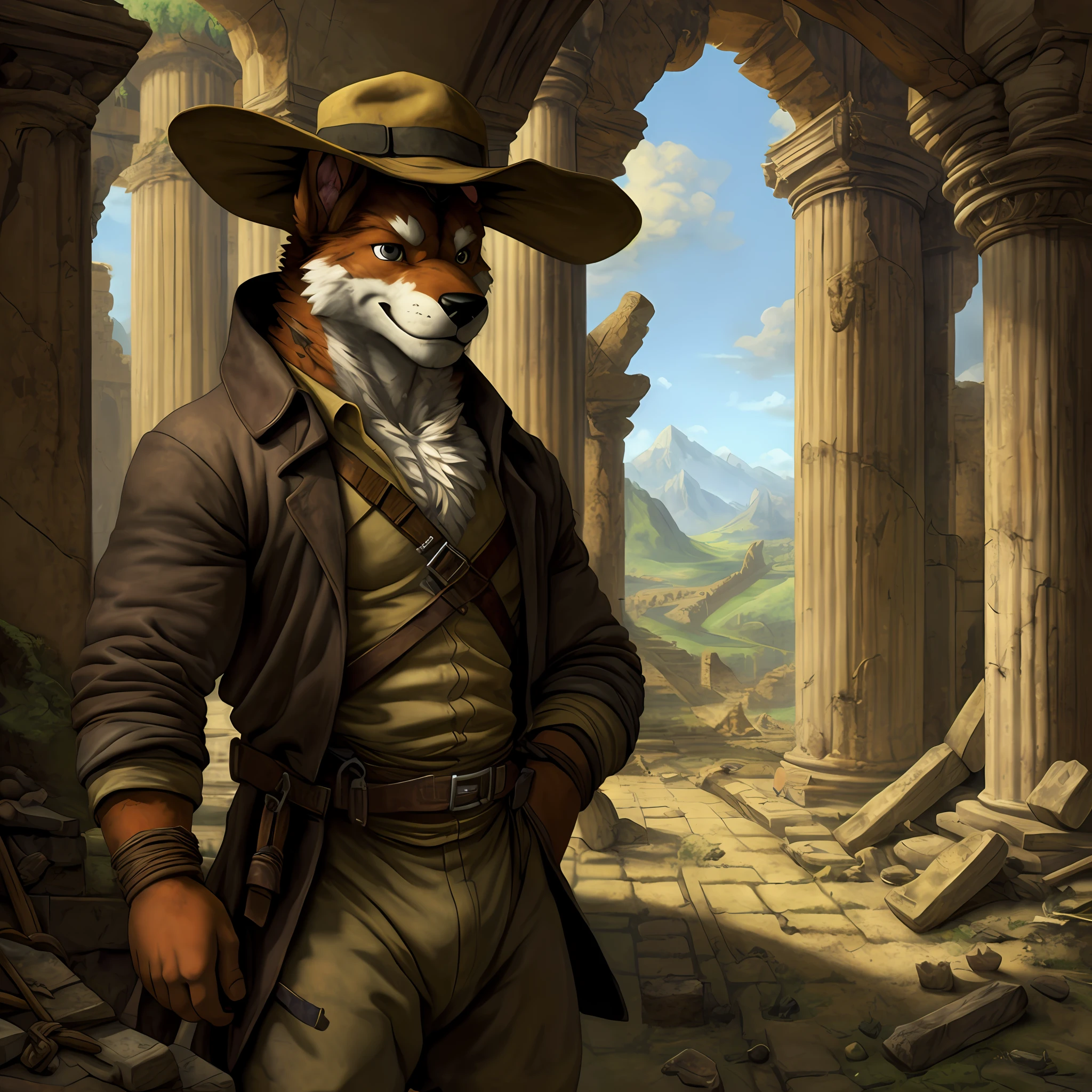 top quality, best quality, High-quality illustrations by Michelangelo, by Johannes Vermeer, masterpiece, super high resolution, detailed background, Old Ruins, Dungeons, Indiana Jones series(highly detailed beautiful face and eyes)absurdres, perfect anatomy(handsome 1boy, kemono, solo focus, Adventurer, Archaeologist)(furry)(furry anthro:1.7)(Furry body, dog facial features, dog body features)(very detailed body fur)full body, Dirty Coat and Hat,