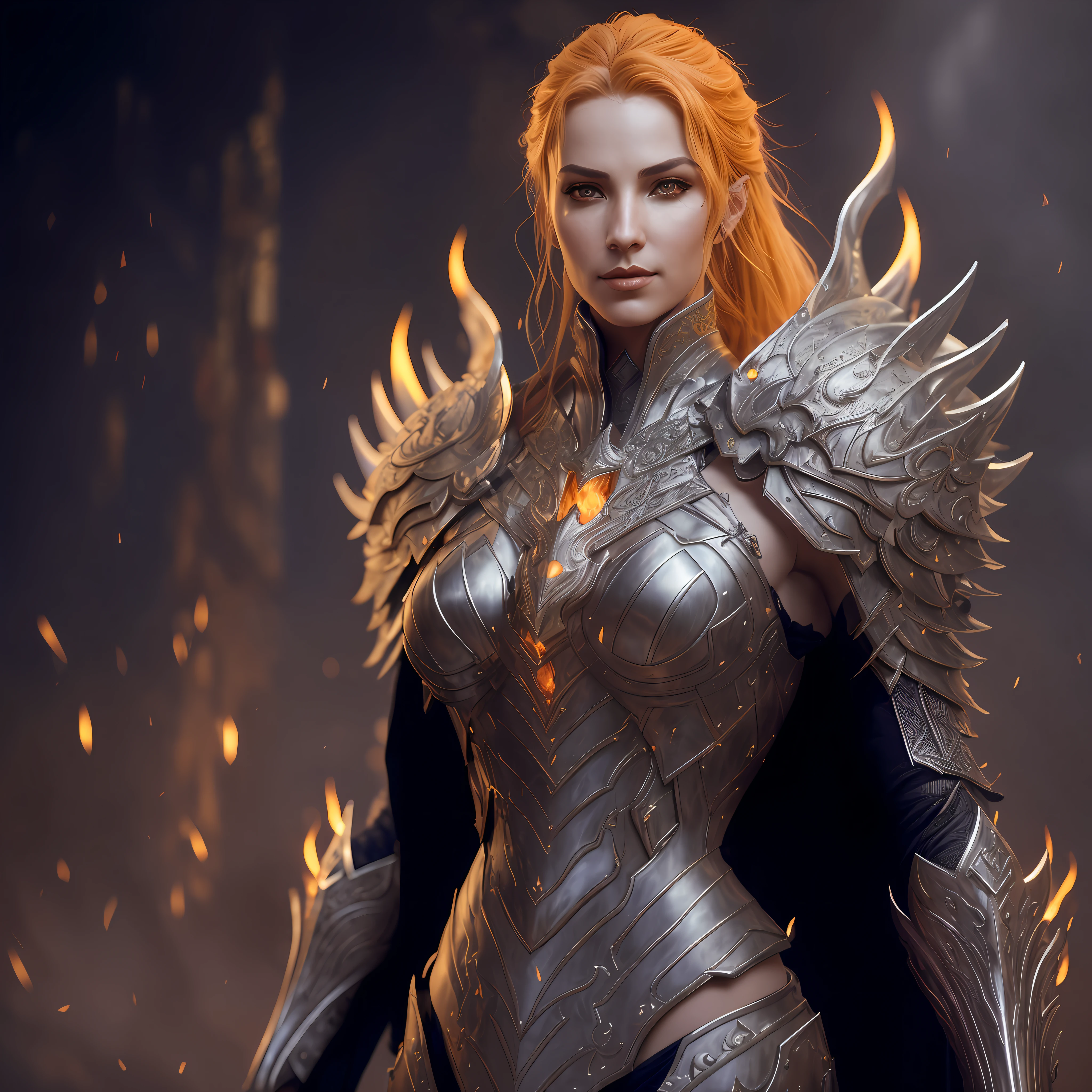 arafed woman in armor with fire and flames in the background, 3 d render character art 8 k, fantasy paladin woman, amazing 8k character concept art, epic fantasy digital art style, hyperdetailed fantasy character, fantasy concept art portrait, stunning character art, beautiful female knight, 4k fantasy art, heroic fantasy character concept, epic exquisite character art