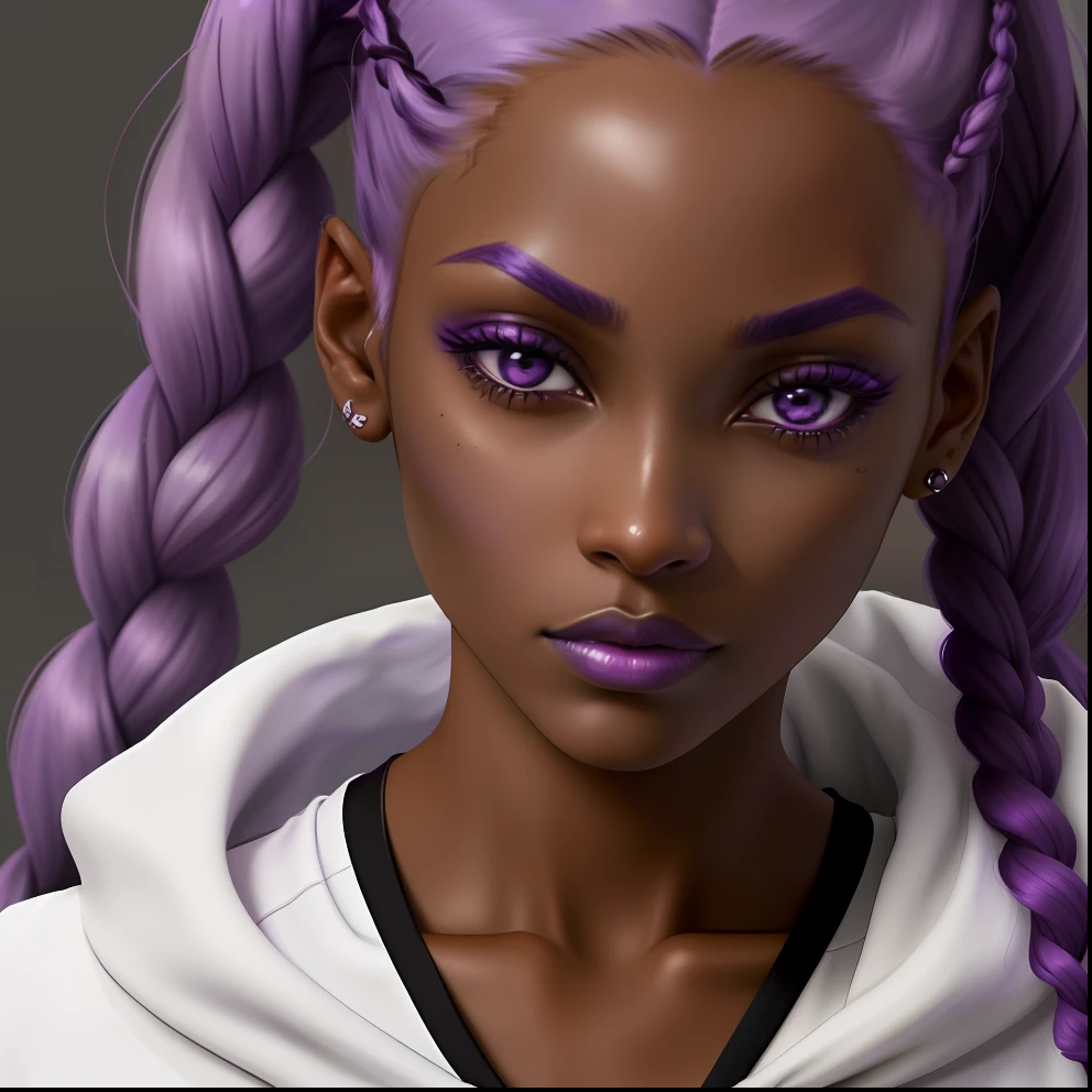 a close up of a woman with purple hair wearing a white top, long braided purple hair, taken in the early 2020s, dark skin tone, purple hue, deep purple hair, with brown skin, purple lipstick, purple skin color, she has olive brown skin, dark skinned, dark black skin tone, dark purple hair, she has purple hair
