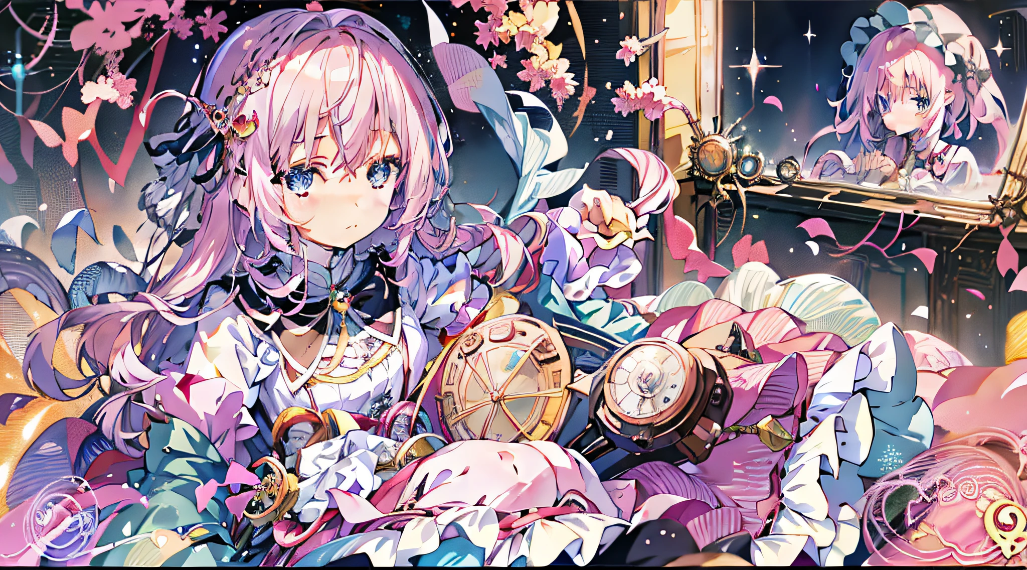 anime girl with pink hair and blue eyes sitting in a chair, splash art anime , alchemist girl, portrait of magical girl, detailed key anime art, cushart krenz key art feminine, best anime 4k konachan wallpaper, official artwork, portrait of magical loliirl, high detailed official artwork, anime fantasy illustration, lolish