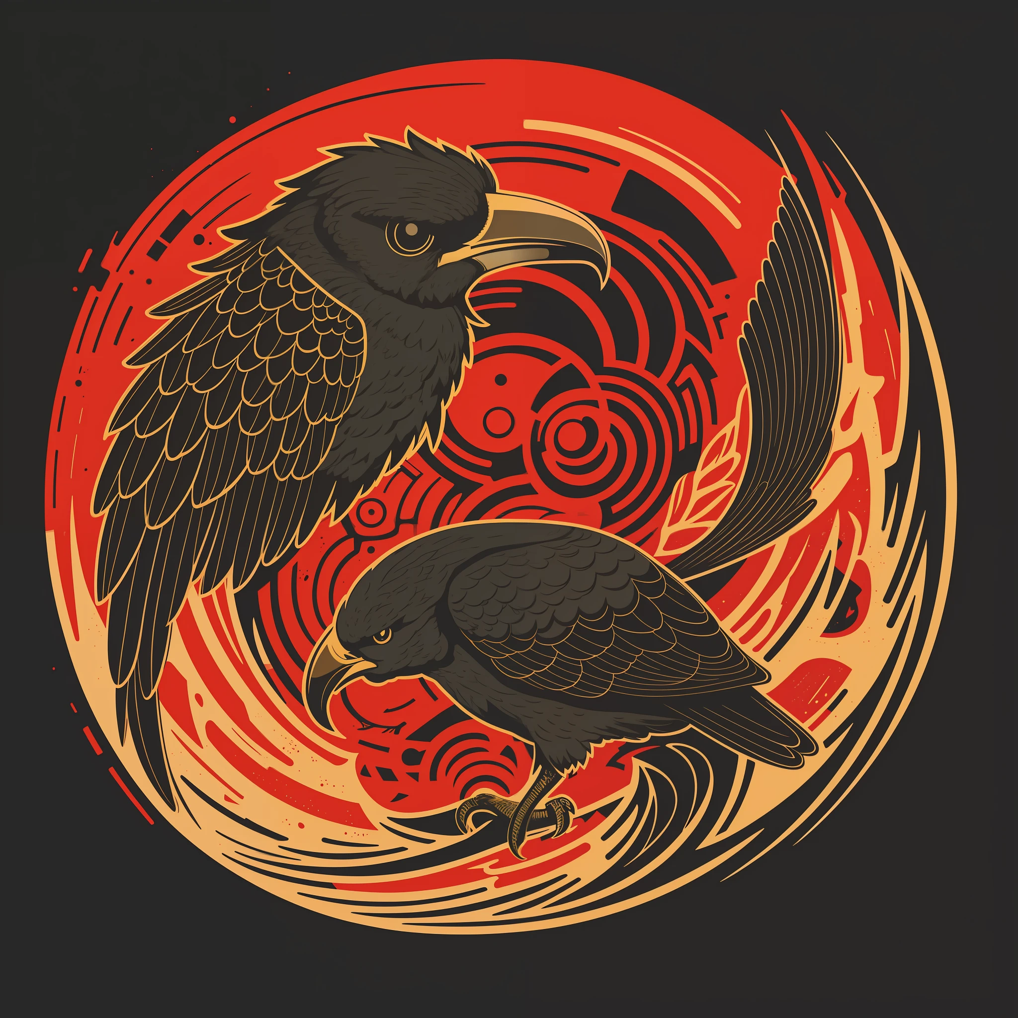 [Brown skull with a crow on it] circular heraldic silhouette, logo masking style illustration, Dan Mumford, Greg Rutkowski, James Jean, black background, fantasy art, mysterious, realistic, majestic, rich vivid colors, high contrast, seamless water brand, art station, deviant art, dribbling, Red Bubble, Tee Public, Sharp Focus, Simple, Hyper Detail, Detailed Drawing, Vectorization, Outline, Isometric Style, 8K.